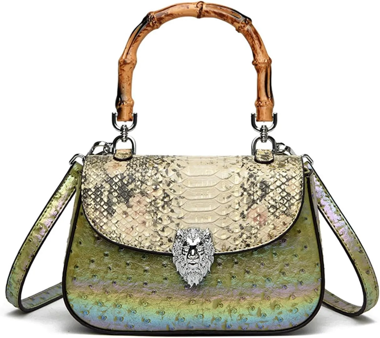 Bamboo Handle Purse for Woman Retro Ostrich Embossed PU Leather Handbag Stylish Purses Top Handle Satchel Bag