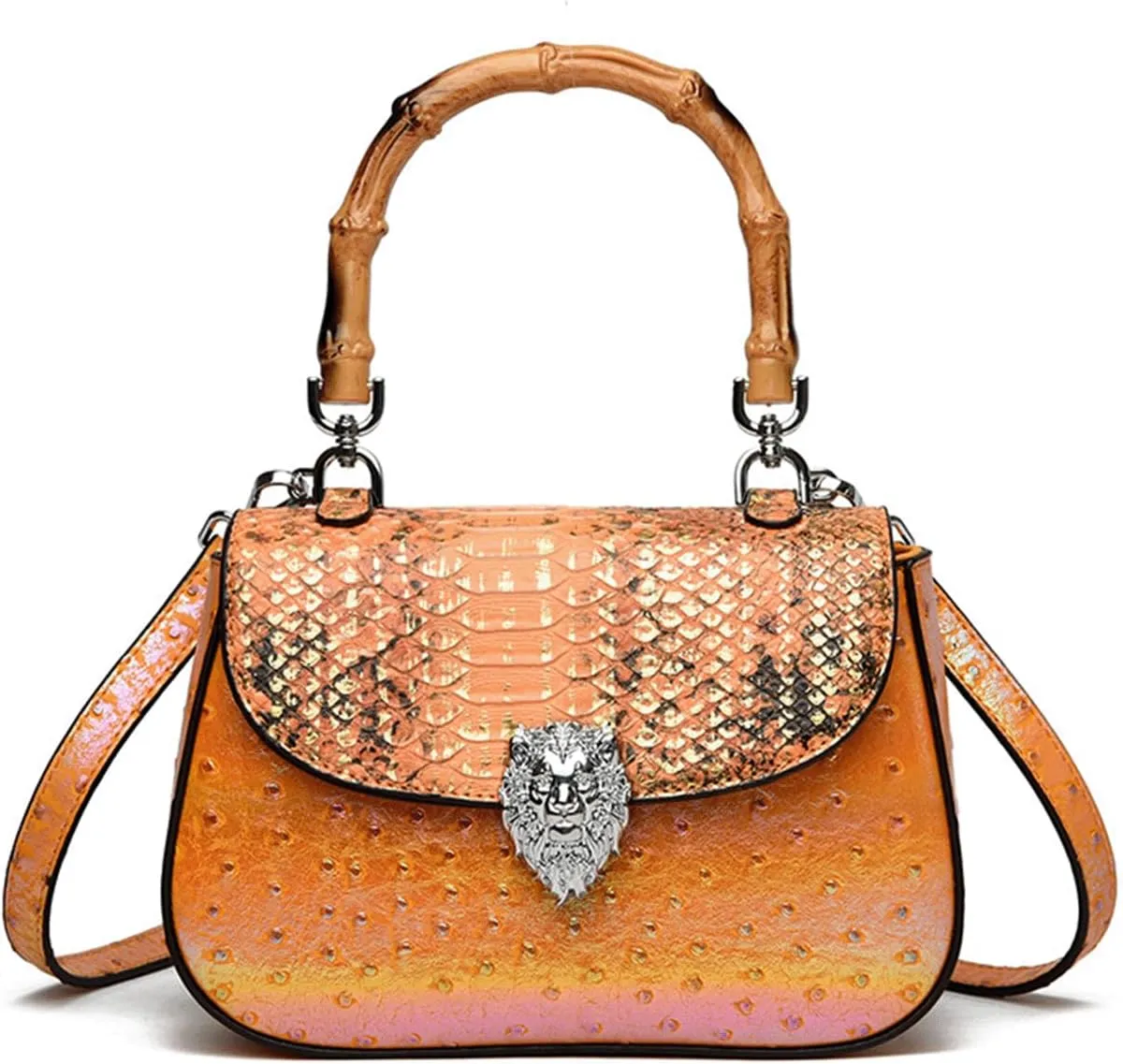 Bamboo Handle Purse for Woman Retro Ostrich Embossed PU Leather Handbag Stylish Purses Top Handle Satchel Bag