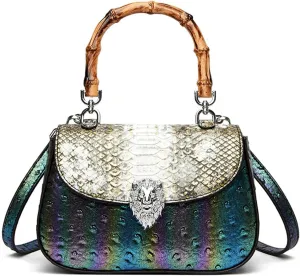Bamboo Handle Purse for Woman Retro Ostrich Embossed PU Leather Handbag Stylish Purses Top Handle Satchel Bag