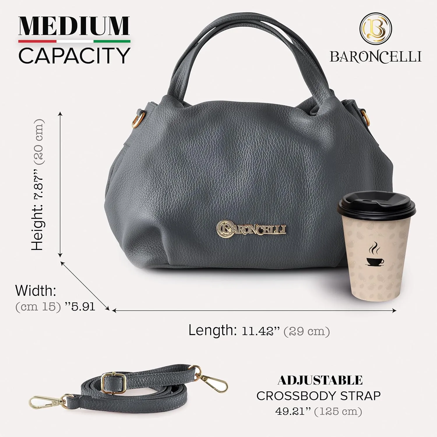 Baroncelli Italian Leather Purse for Women Genuine Soft Leather Medium Size Shoulder Crossbody Bag Made in Italy