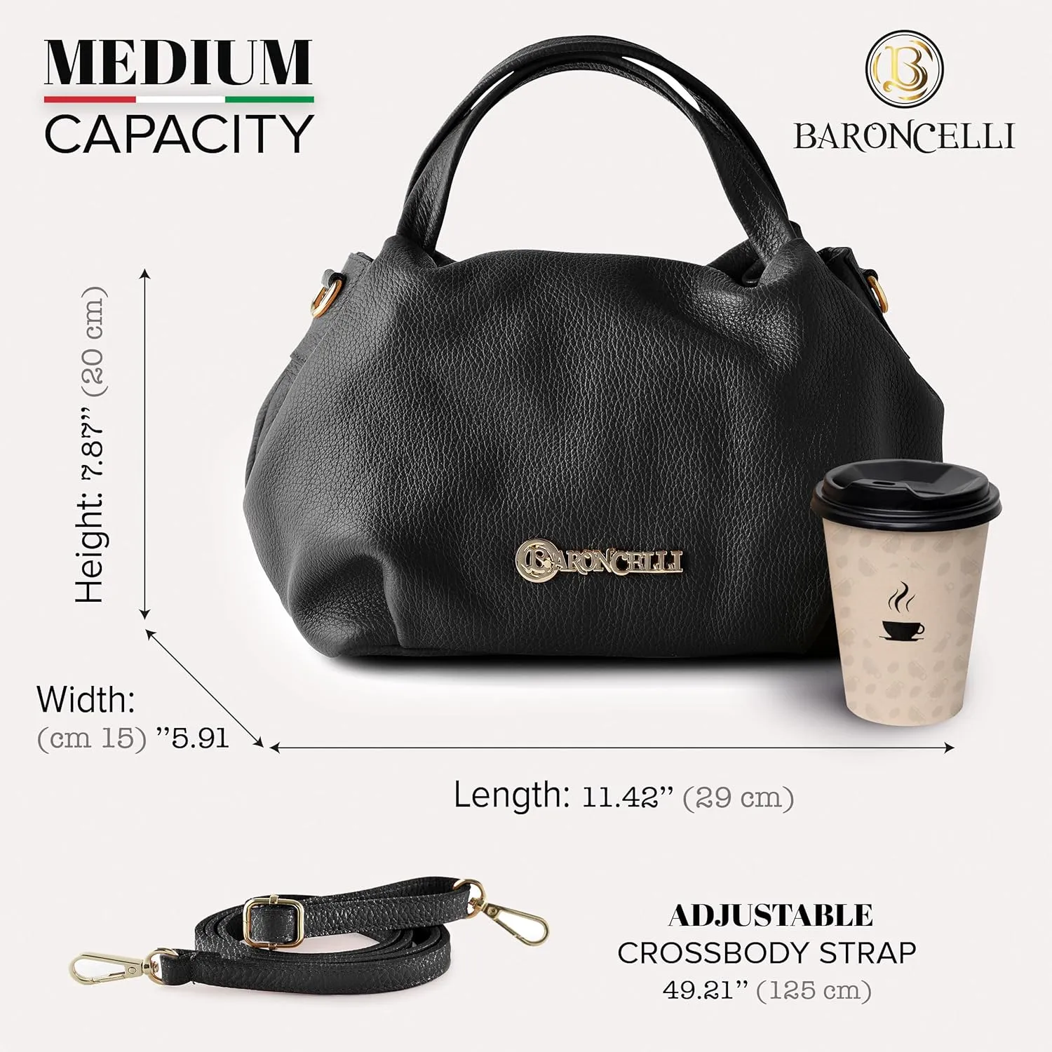 Baroncelli Italian Leather Purse for Women Genuine Soft Leather Medium Size Shoulder Crossbody Bag Made in Italy