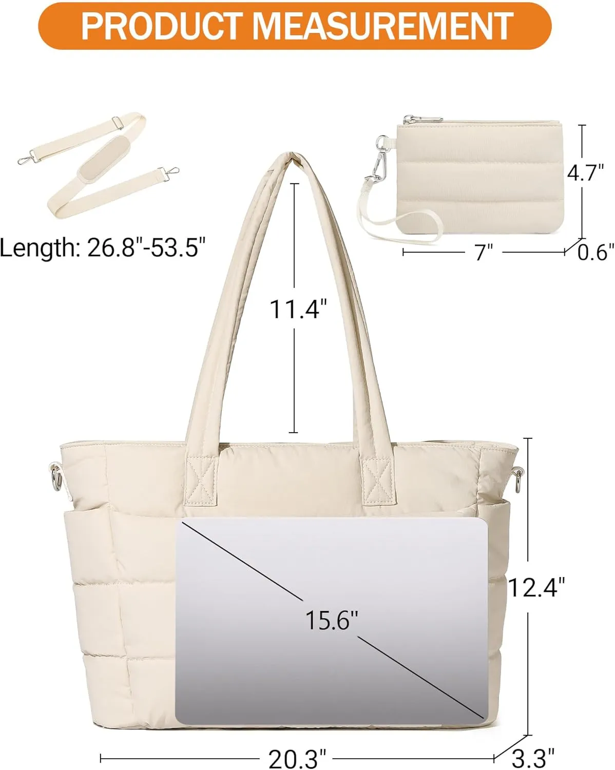 BAVERGE Tote Bag for Women 2PCS, Puffer Quilted Shoulder Bag Handbag with Laptop Compartment Detachable Purse for Travel Gym