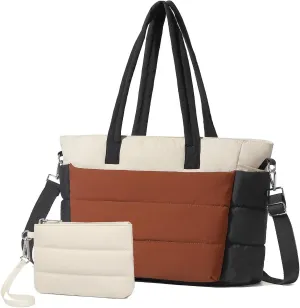 BAVERGE Tote Bag for Women 2PCS, Puffer Quilted Shoulder Bag Handbag with Laptop Compartment Detachable Purse for Travel Gym