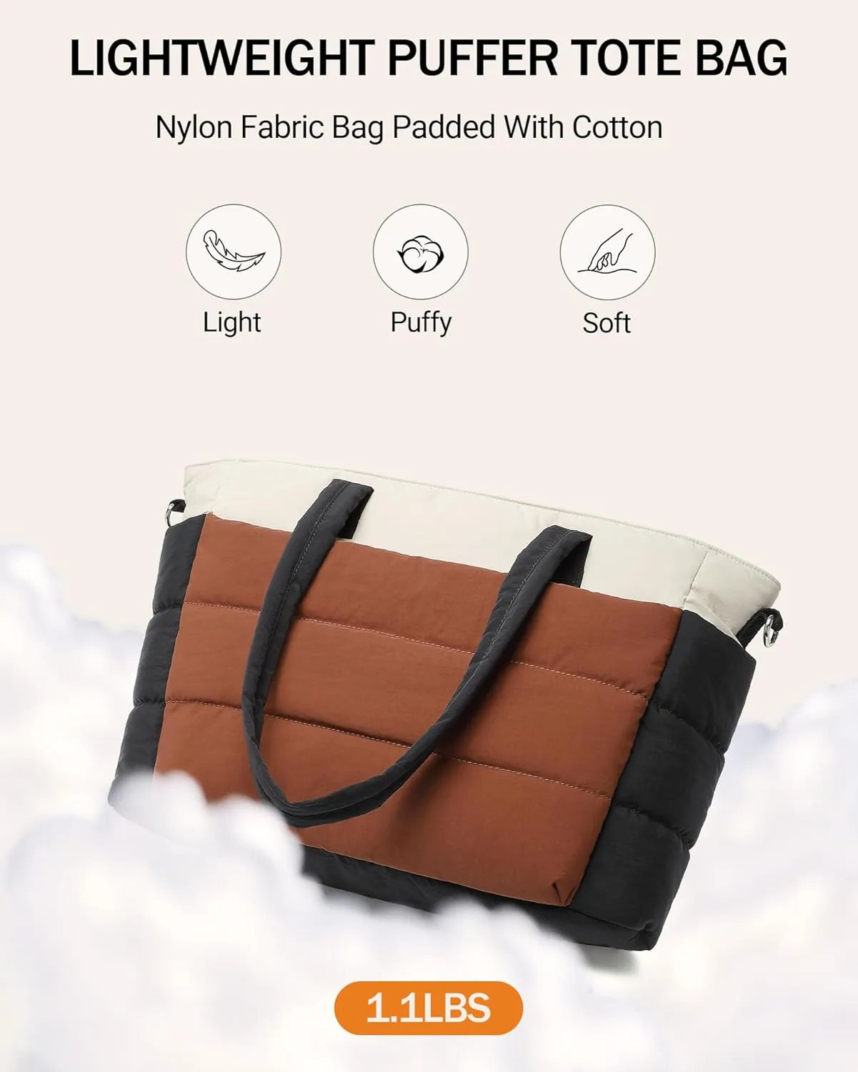 BAVERGE Tote Bag for Women 2PCS, Puffer Quilted Shoulder Bag Handbag with Laptop Compartment Detachable Purse for Travel Gym
