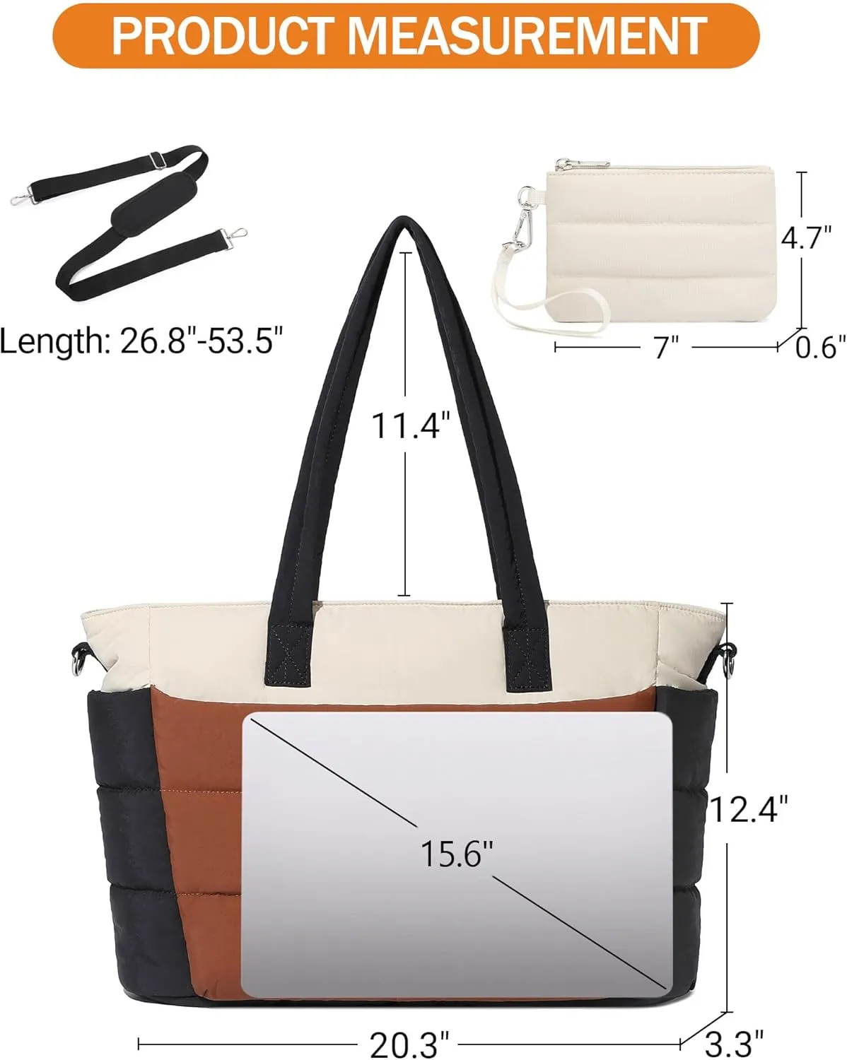 BAVERGE Tote Bag for Women 2PCS, Puffer Quilted Shoulder Bag Handbag with Laptop Compartment Detachable Purse for Travel Gym
