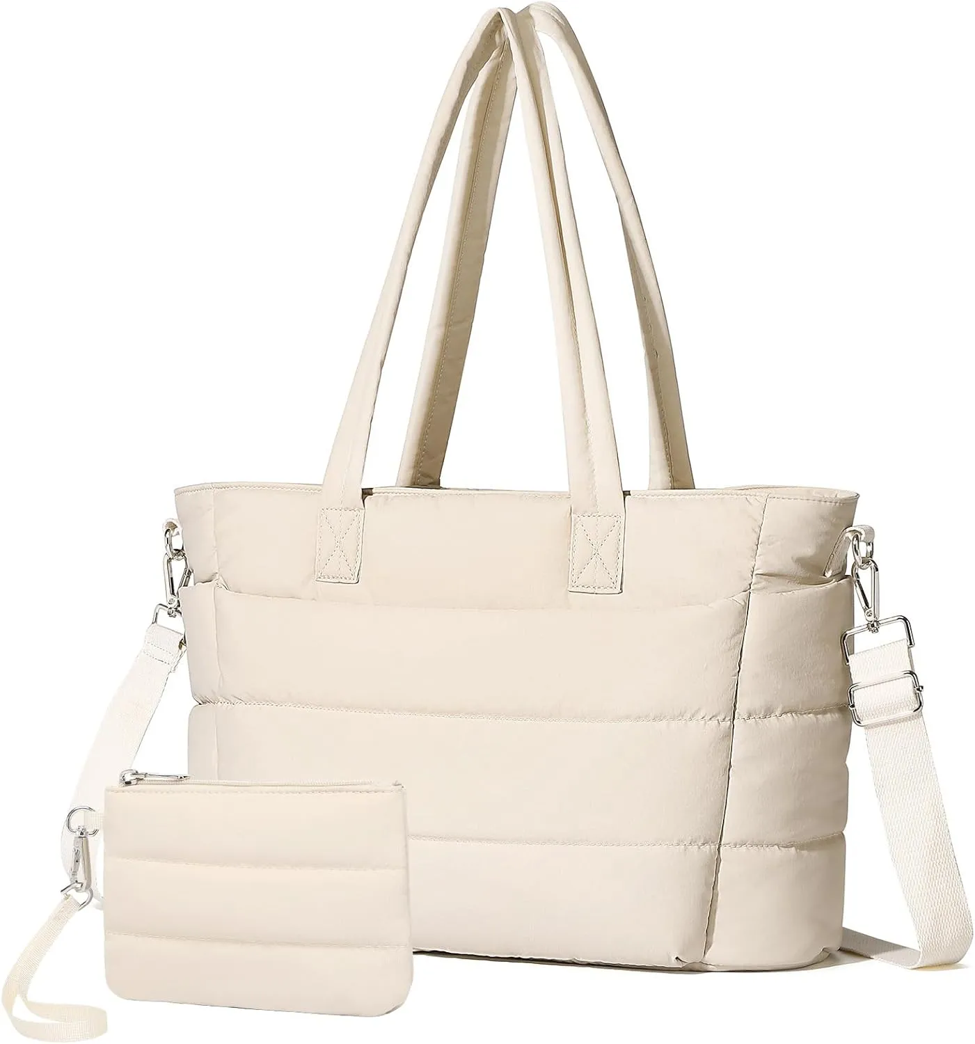 BAVERGE Tote Bag for Women 2PCS, Puffer Quilted Shoulder Bag Handbag with Laptop Compartment Detachable Purse for Travel Gym
