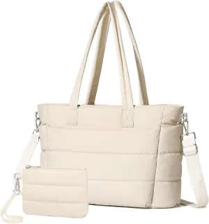 BAVERGE Tote Bag for Women 2PCS, Puffer Quilted Shoulder Bag Handbag with Laptop Compartment Detachable Purse for Travel Gym