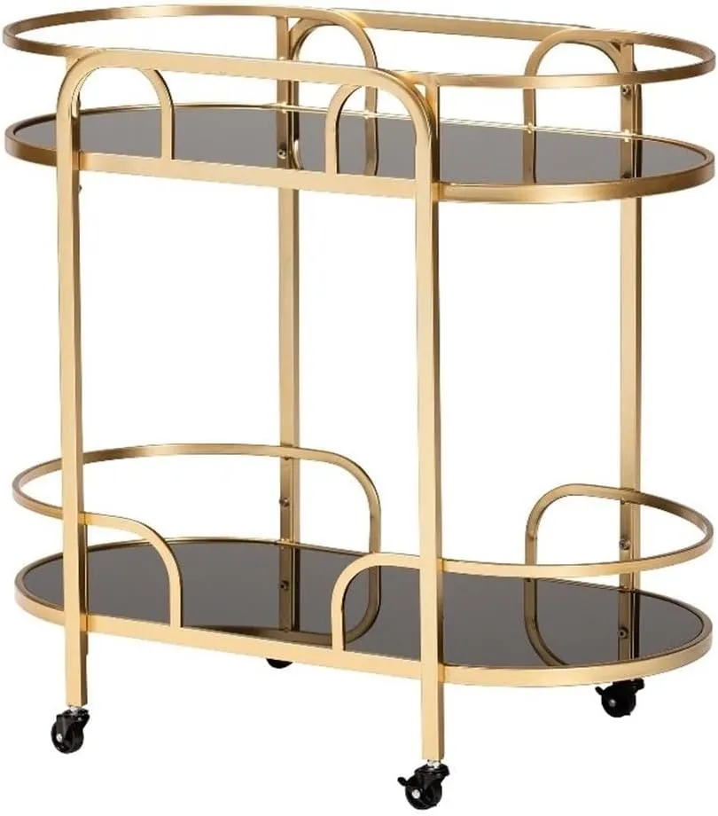 Baxton Studio Leighton Contemporary Glam and Luxe Gold Metal and Tempered Glass 2-Tier Wine Cart