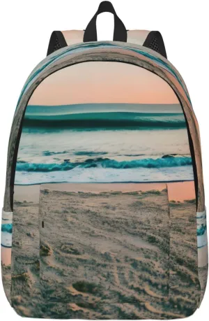 Beach Sunset Theme Print Laptop Backpack For Women Travel Canvas Bookbag For Men Outdoor Fashion Casual Daypack