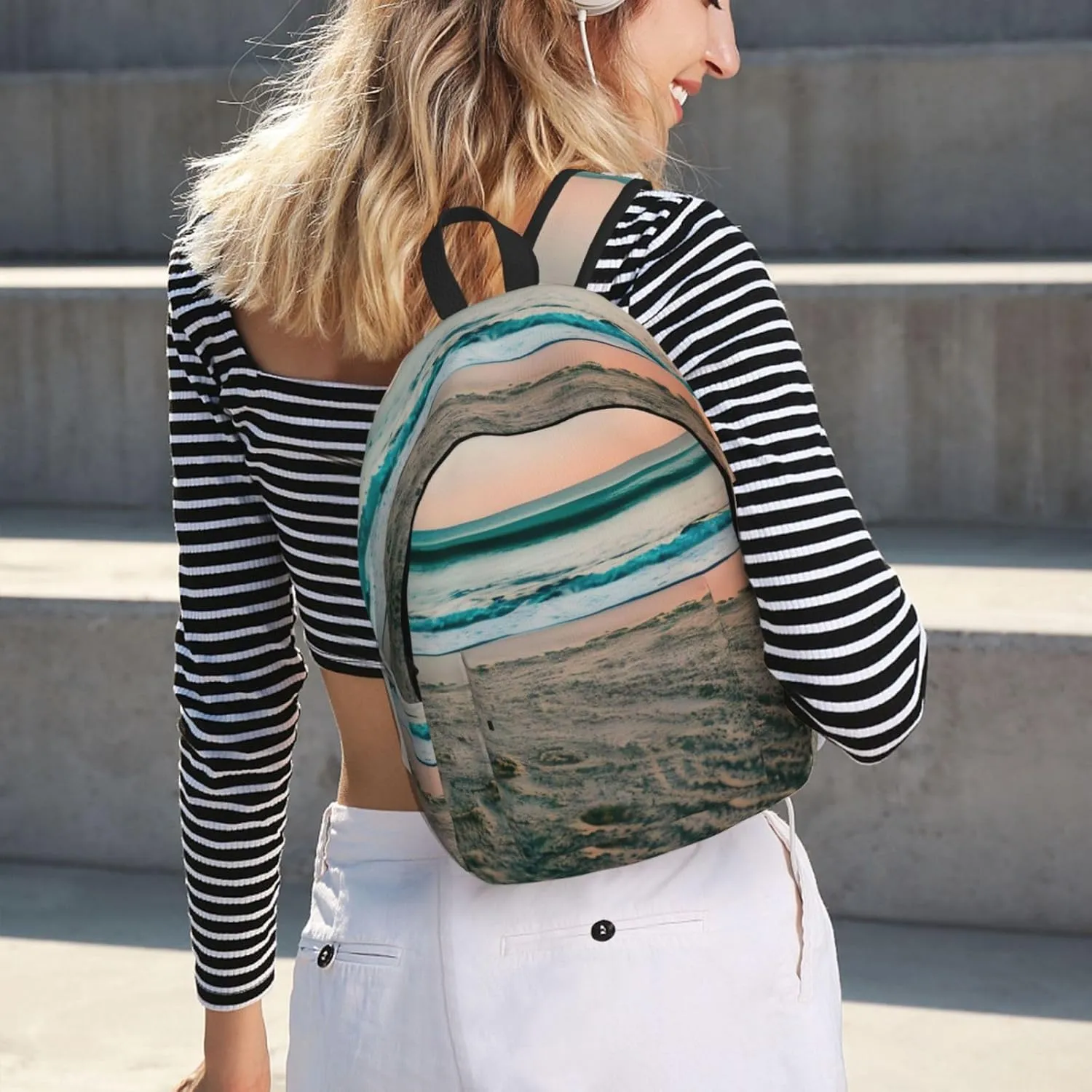 Beach Sunset Theme Print Laptop Backpack For Women Travel Canvas Bookbag For Men Outdoor Fashion Casual Daypack