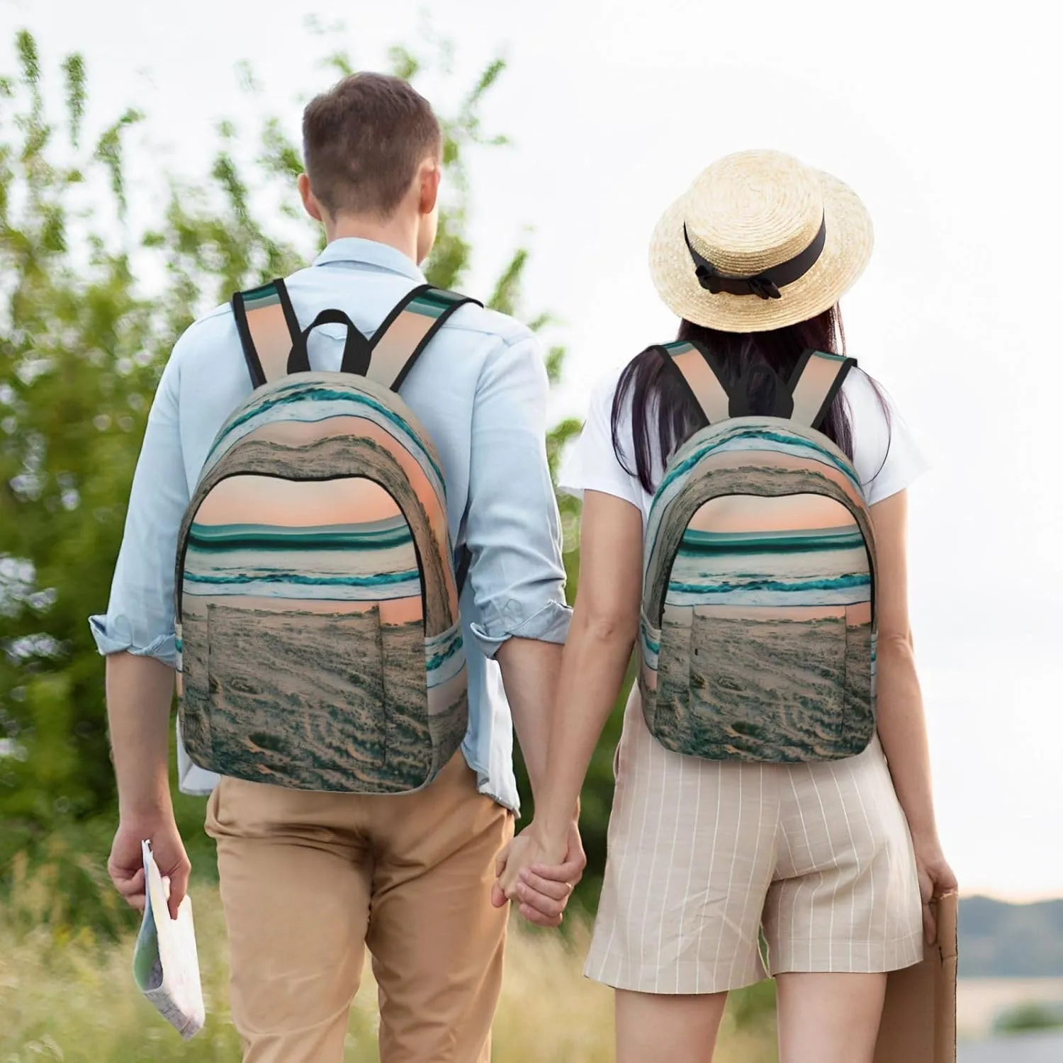 Beach Sunset Theme Print Laptop Backpack For Women Travel Canvas Bookbag For Men Outdoor Fashion Casual Daypack