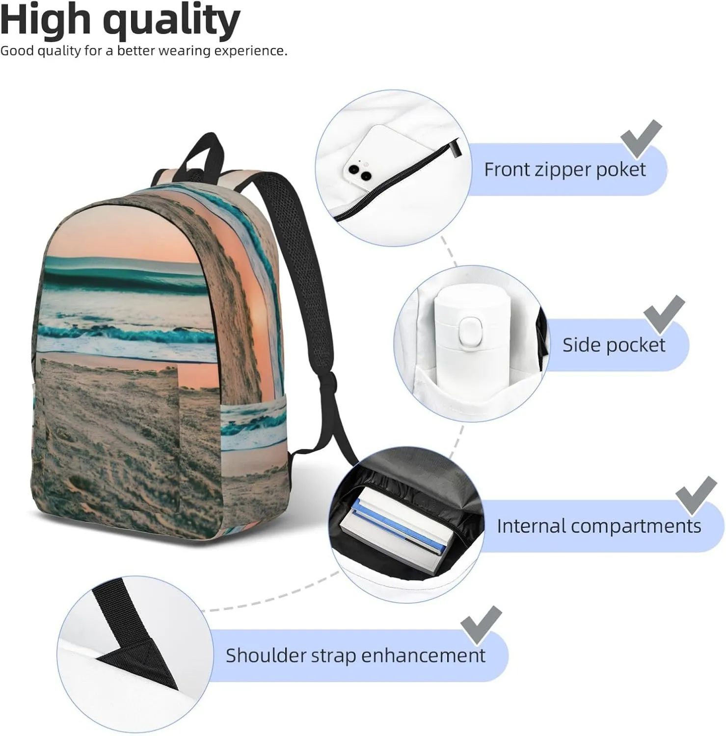 Beach Sunset Theme Print Laptop Backpack For Women Travel Canvas Bookbag For Men Outdoor Fashion Casual Daypack