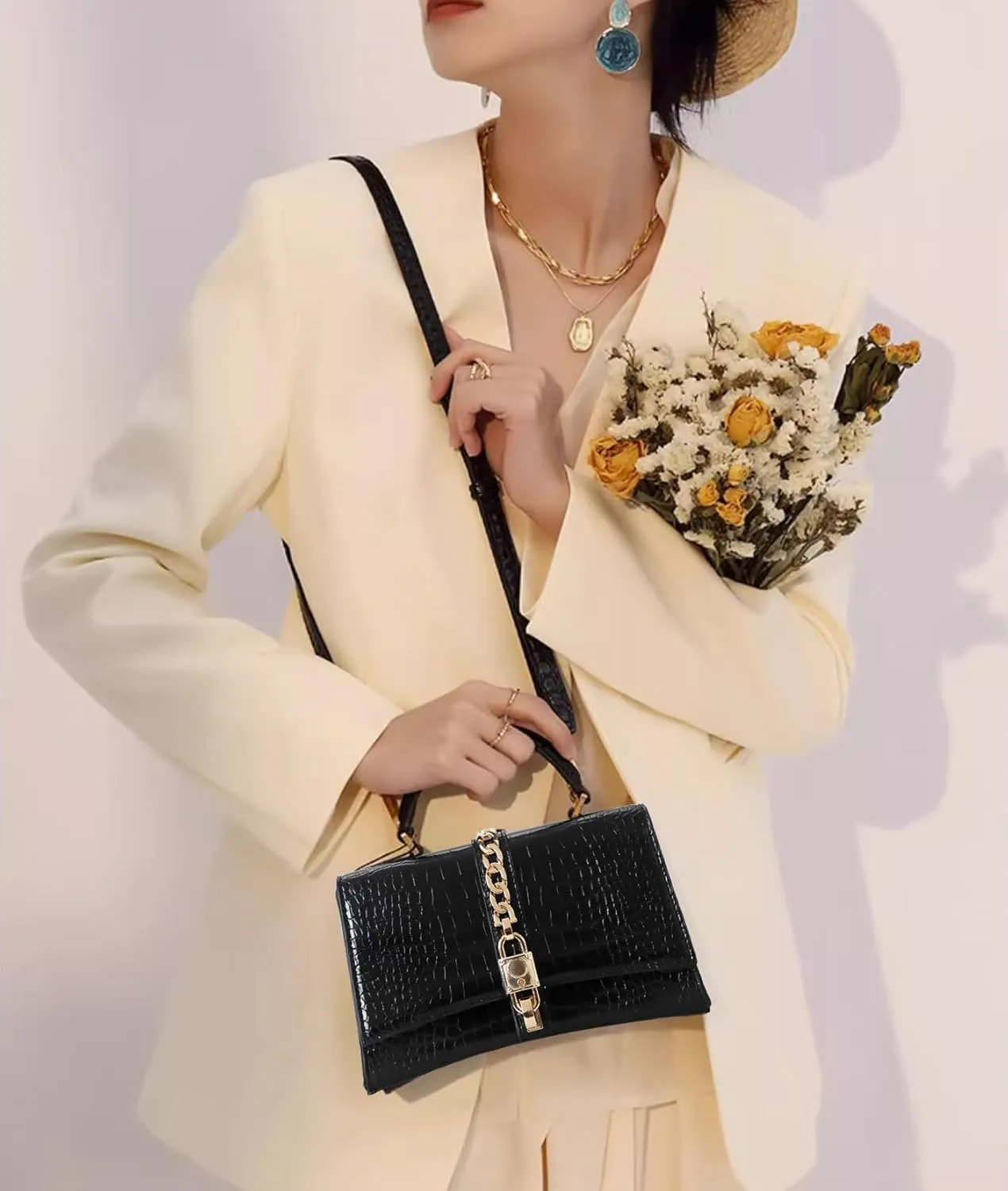 Beatfull Top Handle Purses for Women Crossbody Stylish Crocodile Leather Satchel Bag Chain Square Shoulder Handbag