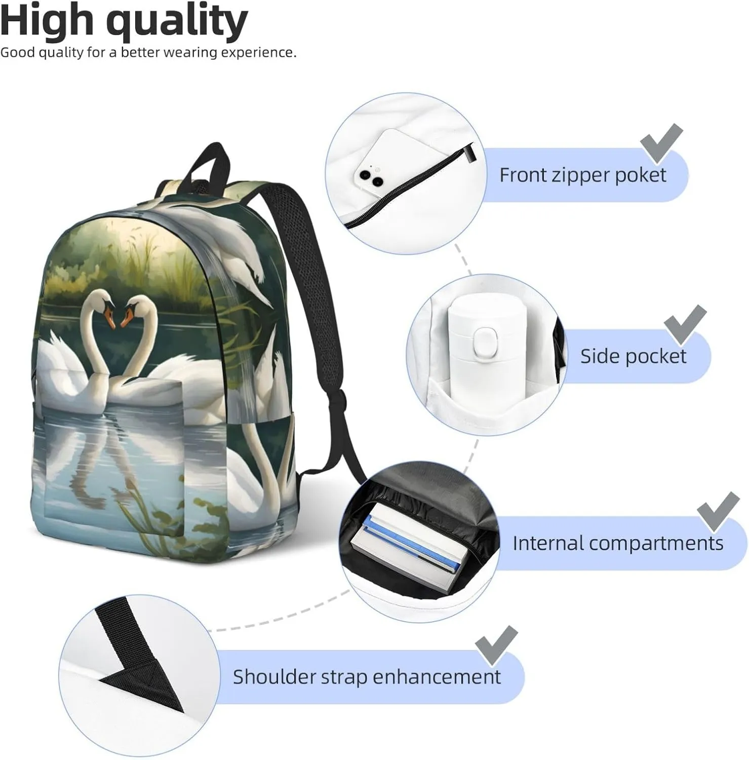 Beautiful White Swans on The Lake Canvas Casual Lightweight Duffel Bag, Fashion Duffel Bag, Unisex Travel Backpack