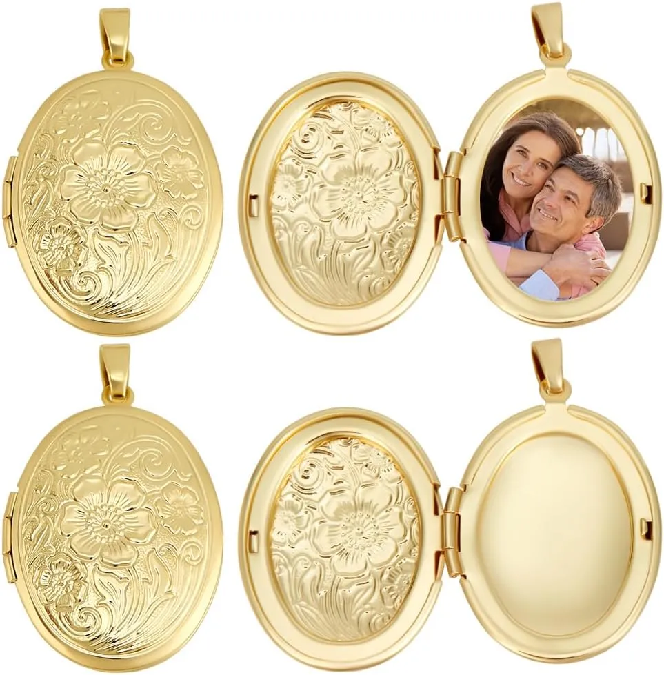 Beebeecraft 1 Box 6Pcs Gold Locket Charms Oval with Flower Openable Real 18K Gold Plated Brass Photo Frame Lockets Memory Pendants Charm for Jewelry Making Charms Necklace Supplies DIY Craft