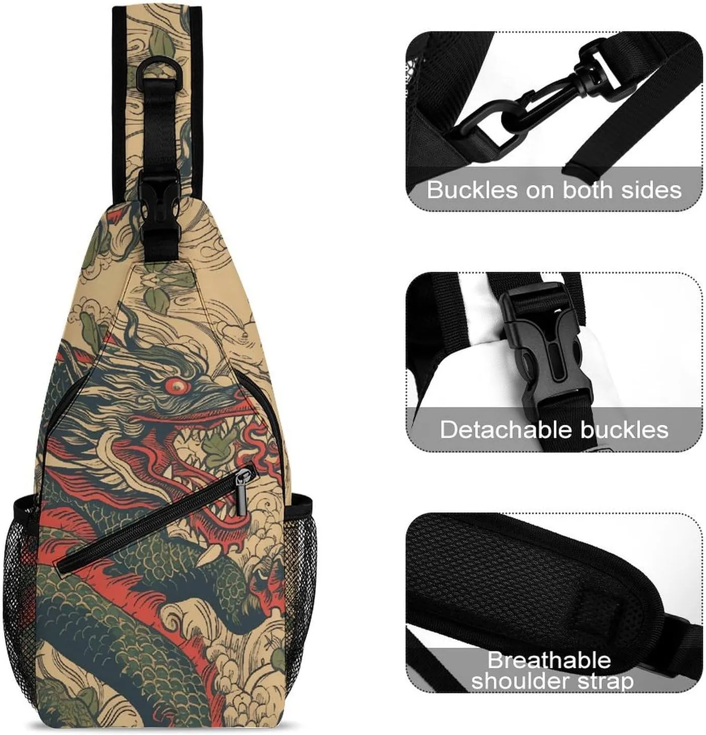 Beige Dragon Pattern Sling Bag Crossbody Bags Cross Body Bag Fanny Packs Chest Bags Sling Purses for Travel
