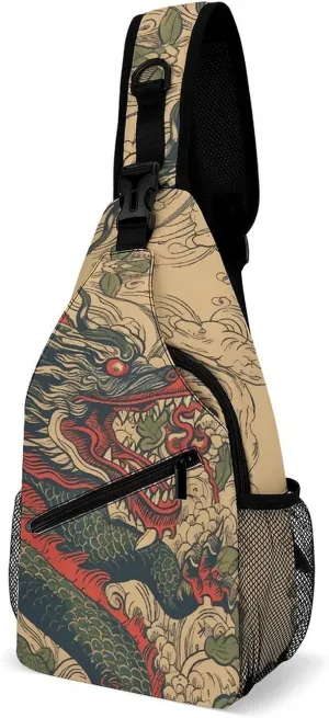Beige Dragon Pattern Sling Bag Crossbody Bags Cross Body Bag Fanny Packs Chest Bags Sling Purses for Travel
