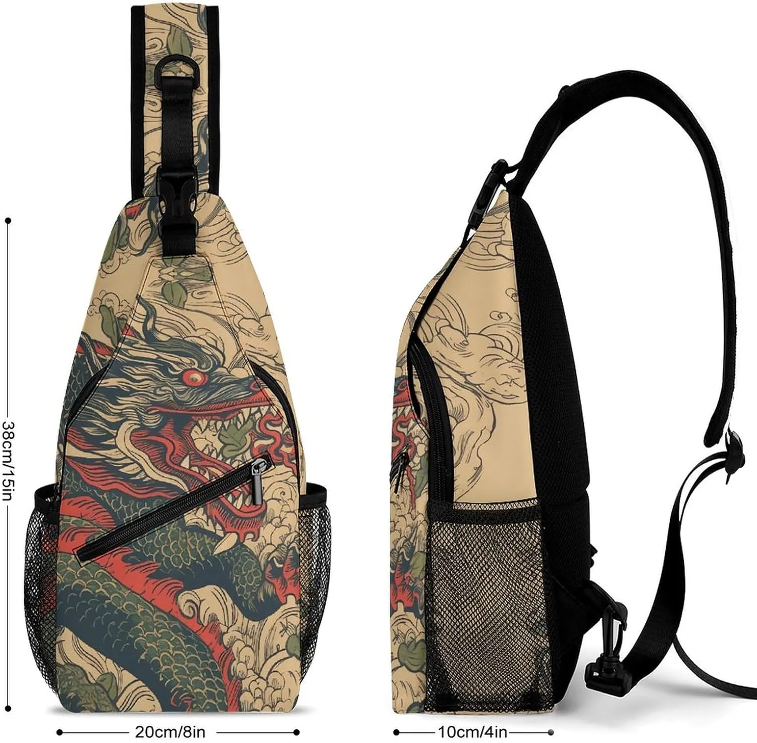 Beige Dragon Pattern Sling Bag Crossbody Bags Cross Body Bag Fanny Packs Chest Bags Sling Purses for Travel