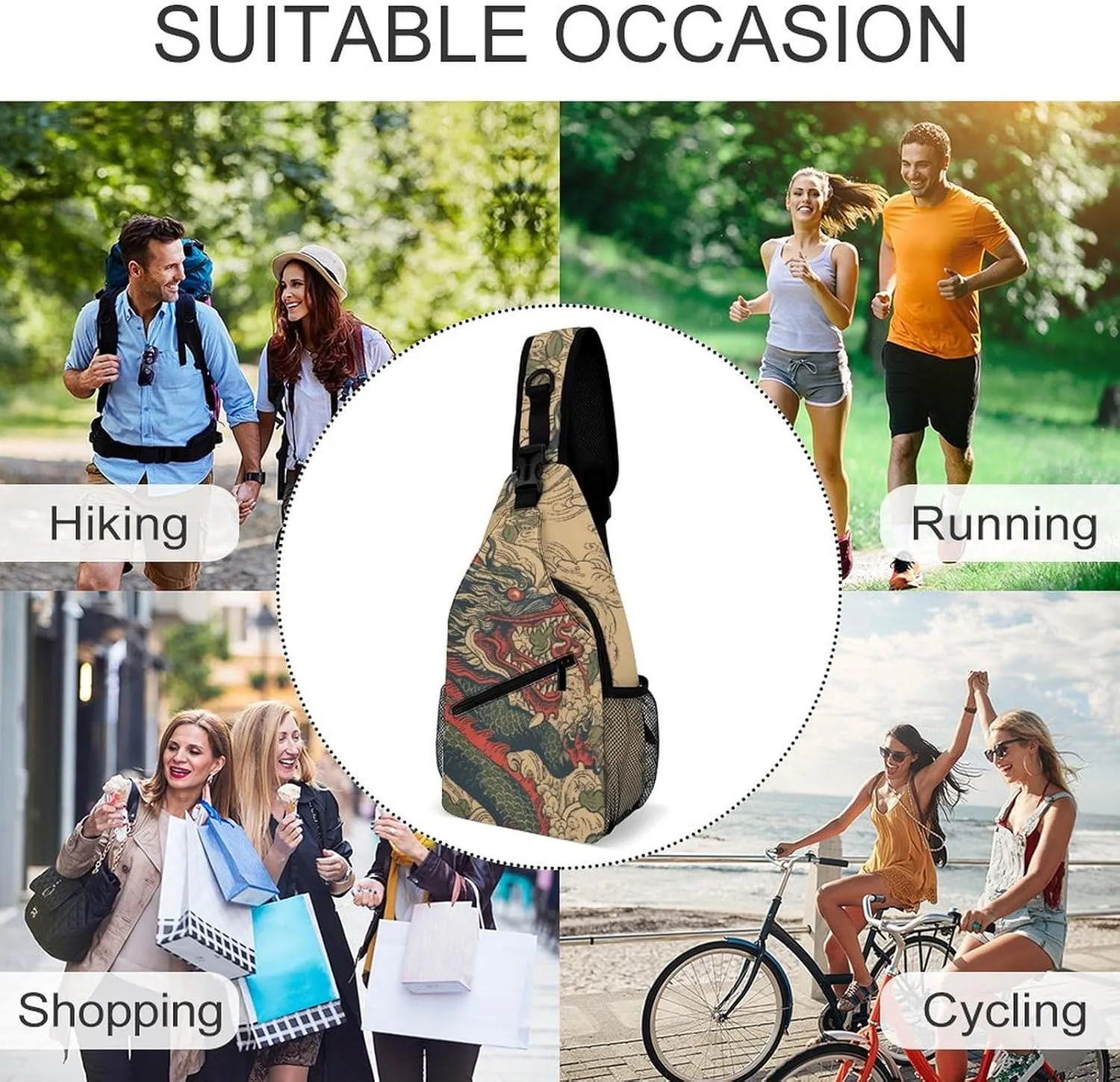Beige Dragon Pattern Sling Bag Crossbody Bags Cross Body Bag Fanny Packs Chest Bags Sling Purses for Travel