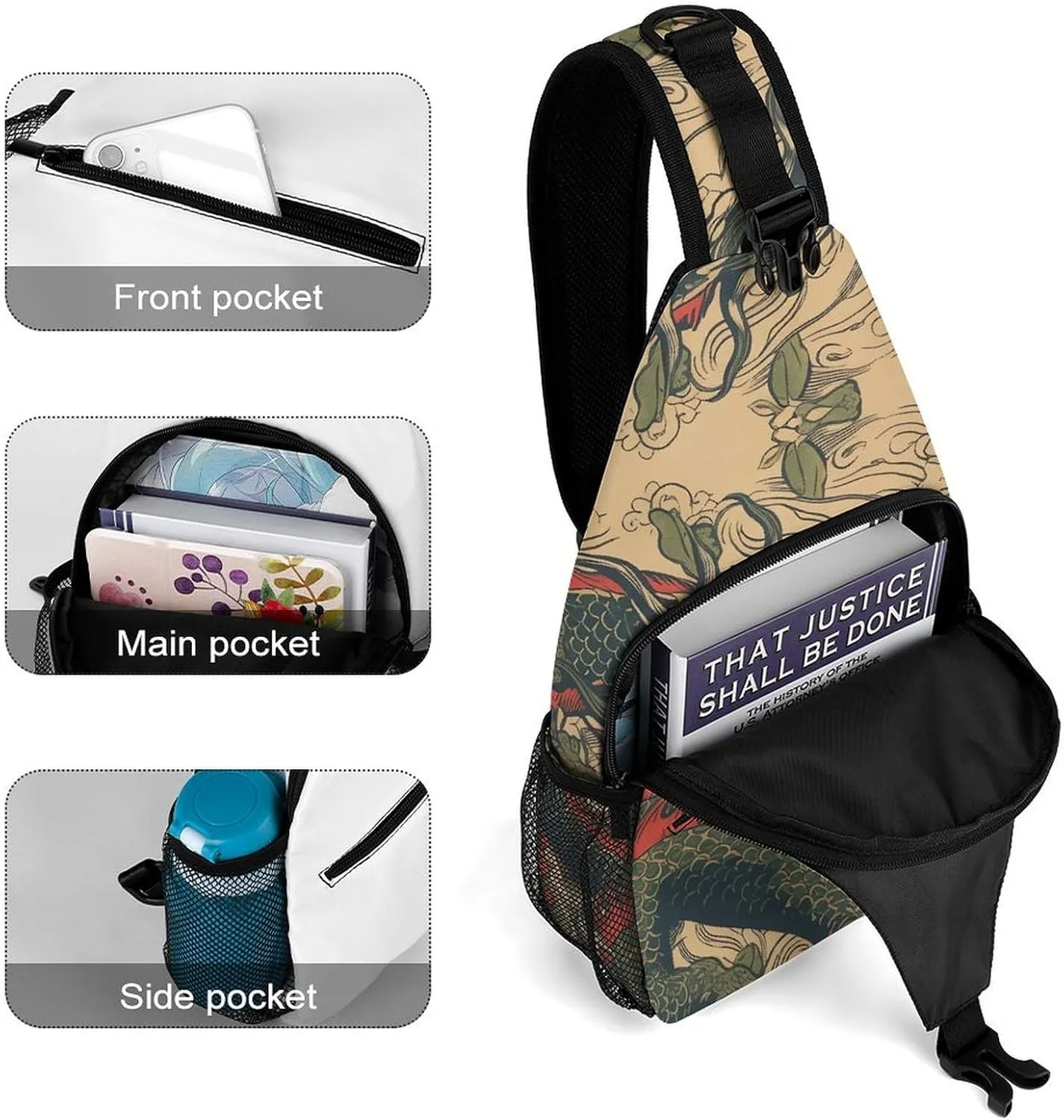 Beige Dragon Pattern Sling Bag Crossbody Bags Cross Body Bag Fanny Packs Chest Bags Sling Purses for Travel