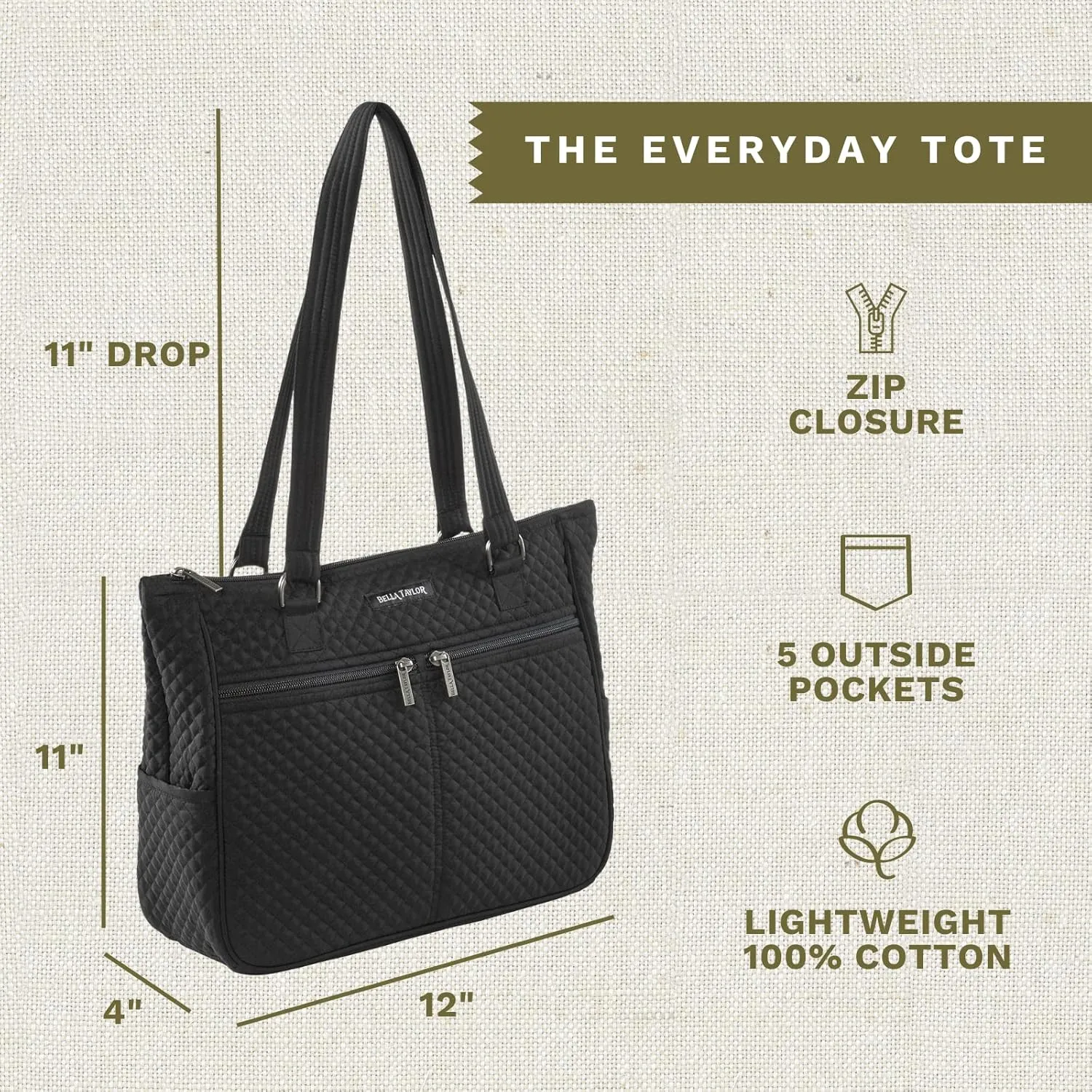 Bella Taylor Everyday Tote | Lightweight Quilted Fabric Handbags for Women