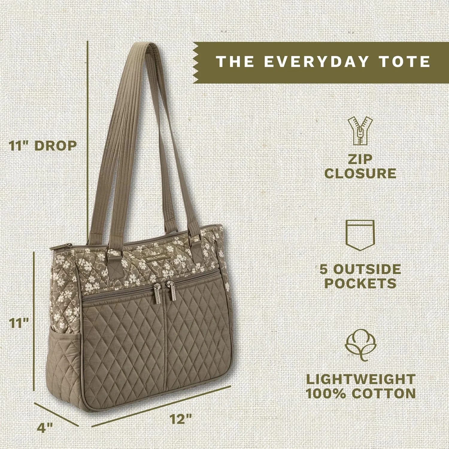 Bella Taylor Everyday Tote | Lightweight Quilted Fabric Handbags for Women
