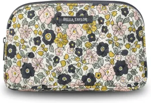Bella Taylor Large Quilted Cotton Makeup Pouch for Women, Travel Cosmetic Bag, Quilted Cotton Delicate Floral Charcoal