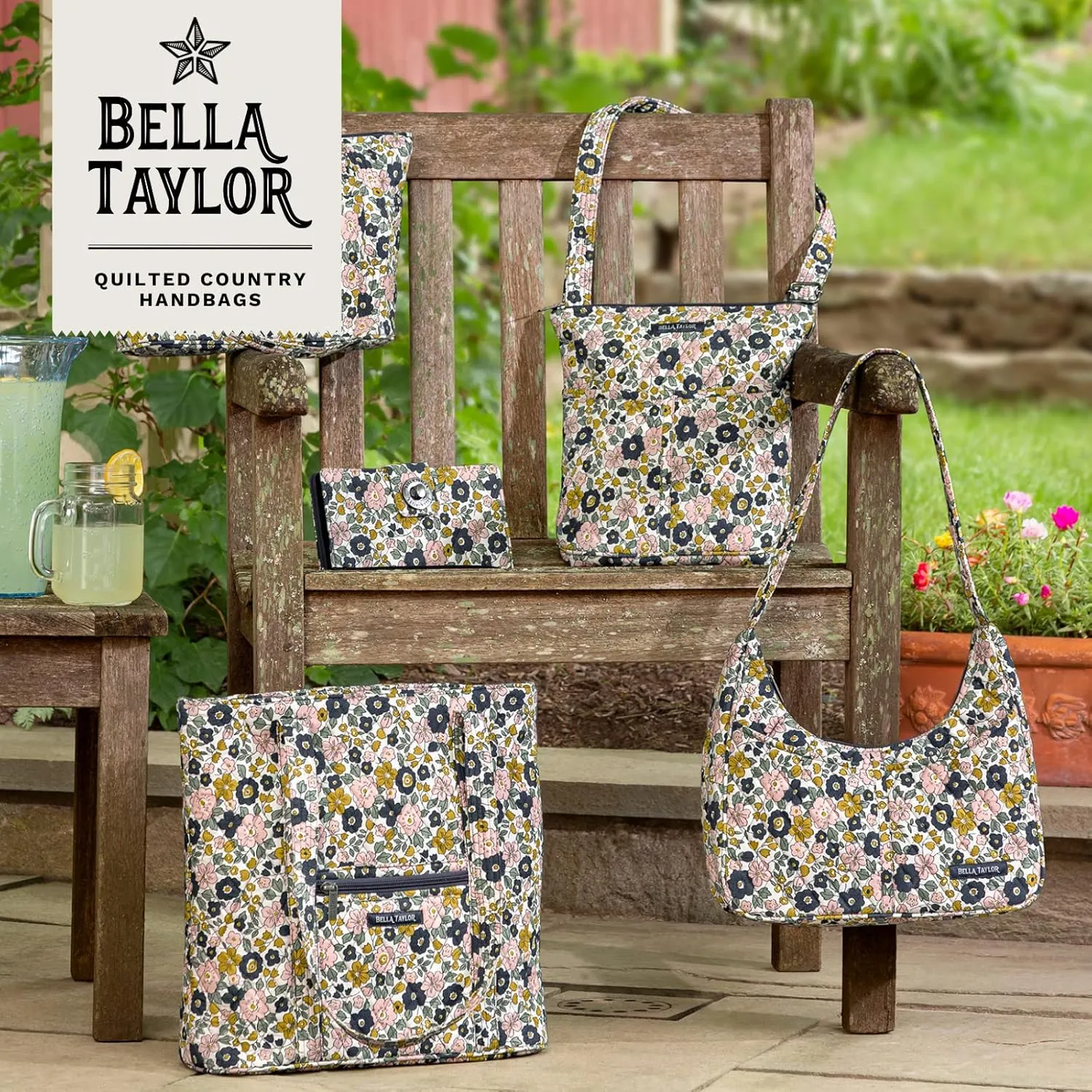 Bella Taylor Large Quilted Cotton Makeup Pouch for Women, Travel Cosmetic Bag, Quilted Cotton Delicate Floral Charcoal