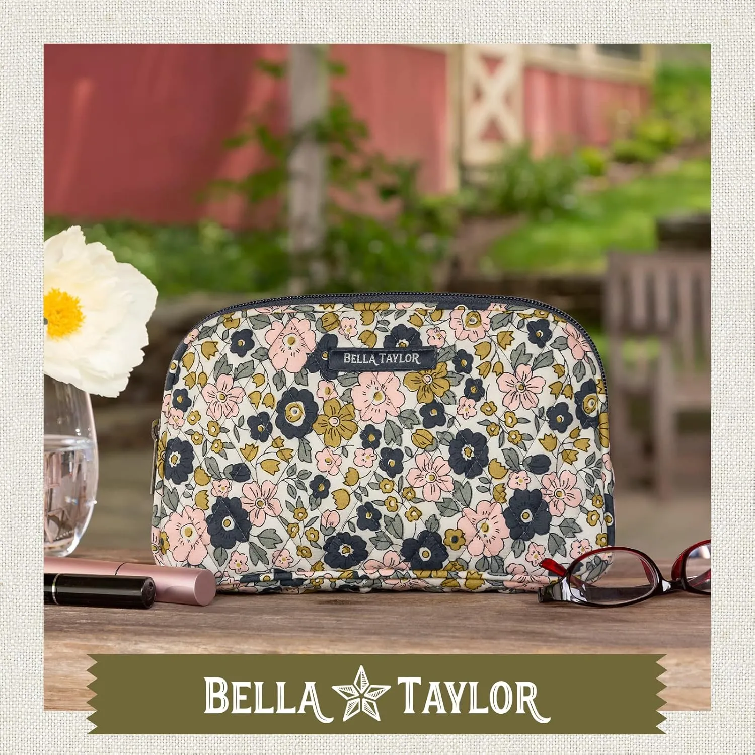 Bella Taylor Large Quilted Cotton Makeup Pouch for Women, Travel Cosmetic Bag, Quilted Cotton Delicate Floral Charcoal