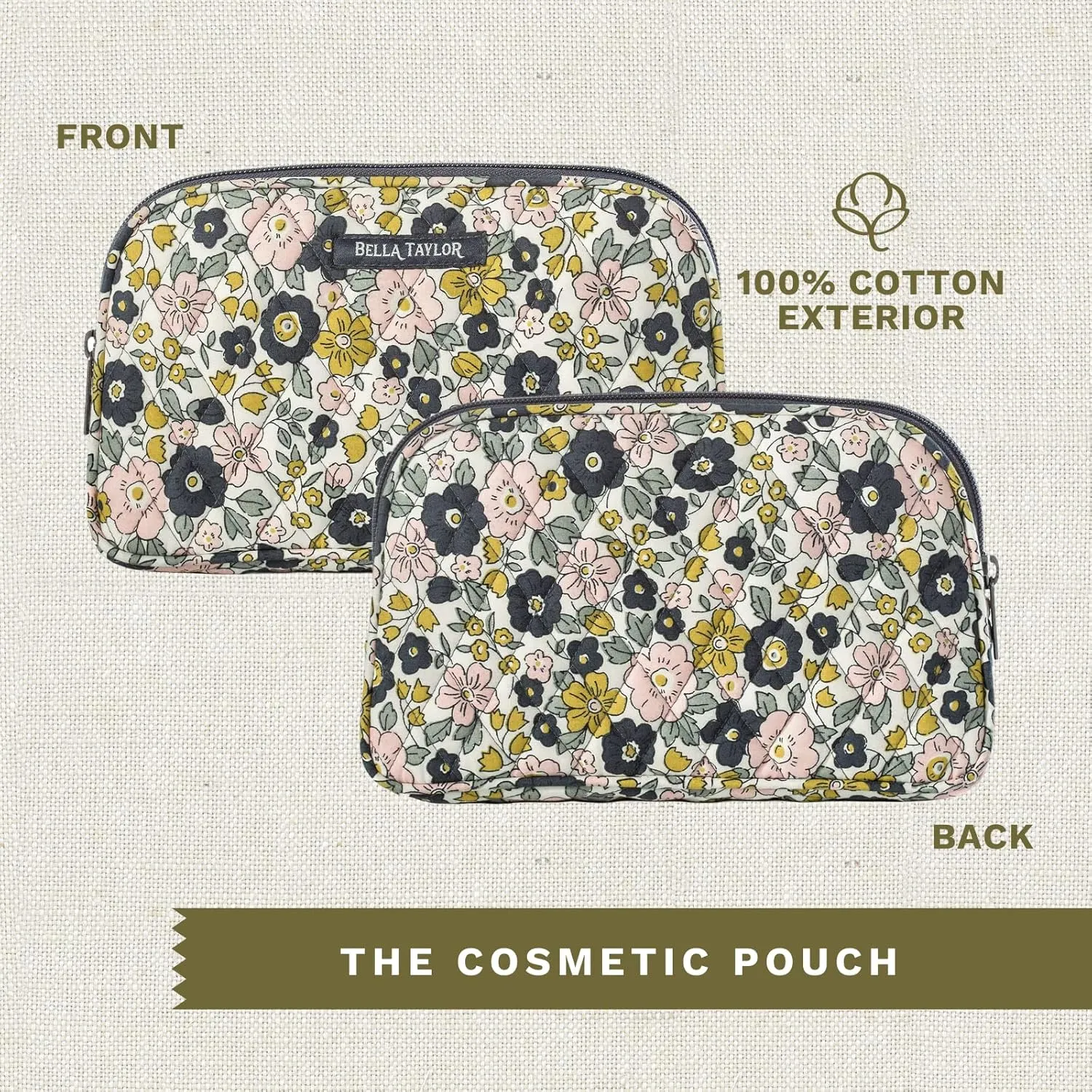 Bella Taylor Large Quilted Cotton Makeup Pouch for Women, Travel Cosmetic Bag, Quilted Cotton Delicate Floral Charcoal