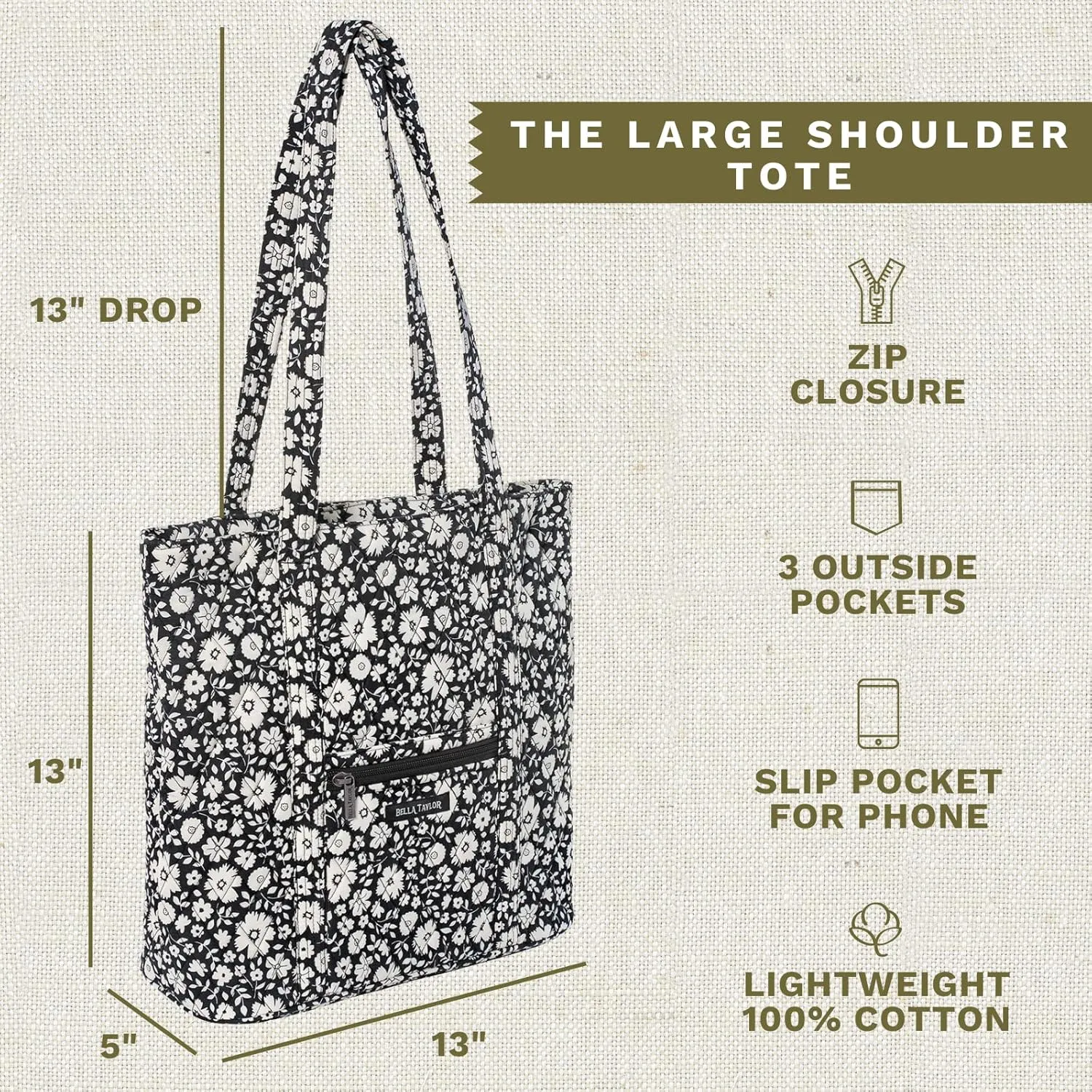 Bella Taylor Large Tote | Lightweight Quilted Fabric Tote Bags for Women