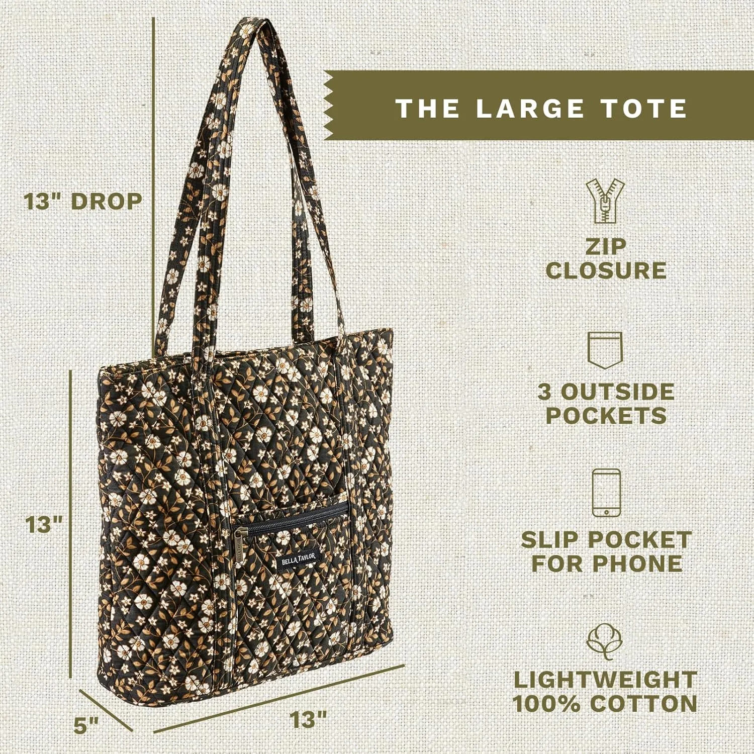 Bella Taylor Large Tote | Lightweight Quilted Fabric Tote Bags for Women