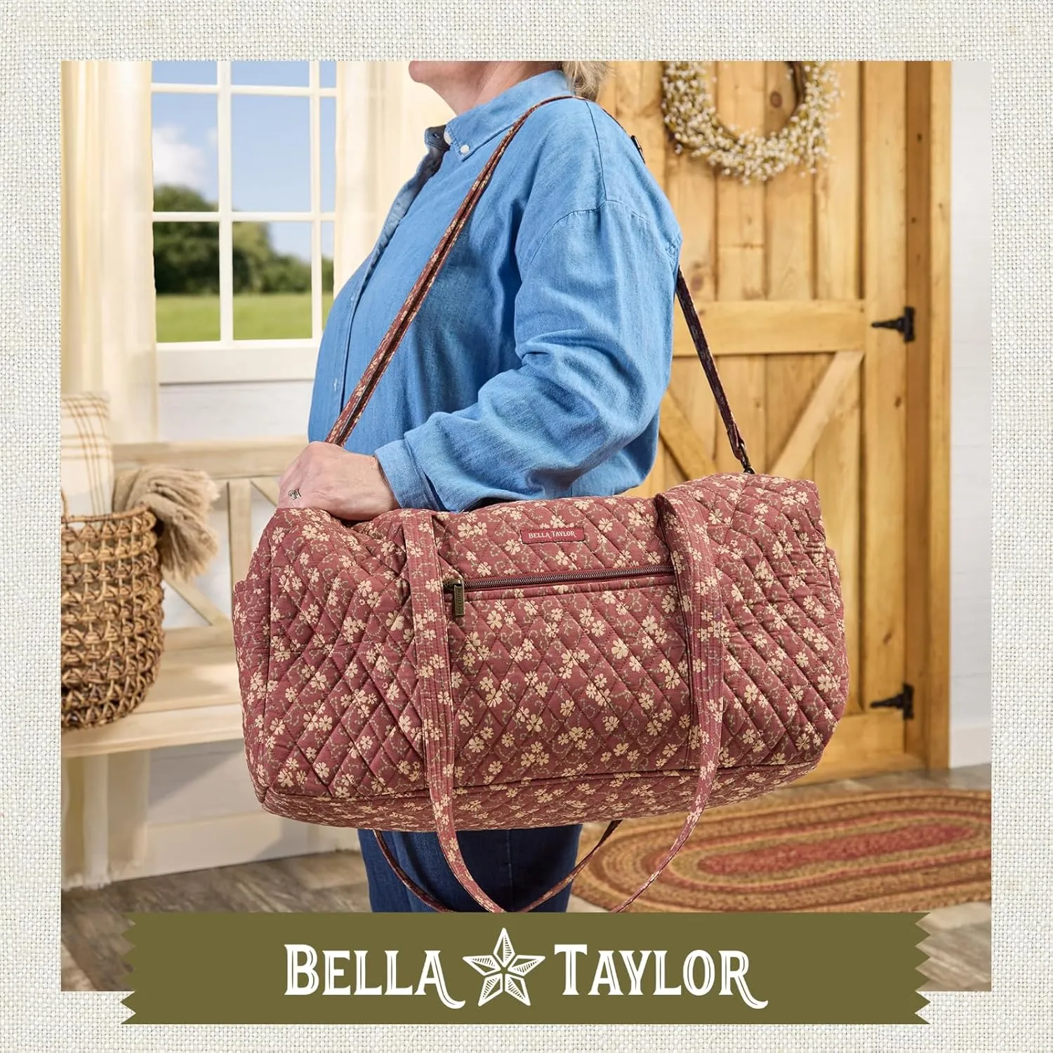 Bella Taylor Quilted Cotton Duffel Bag |Large Carry On Travel and Weekender Bag For Women| Burgundy Floral