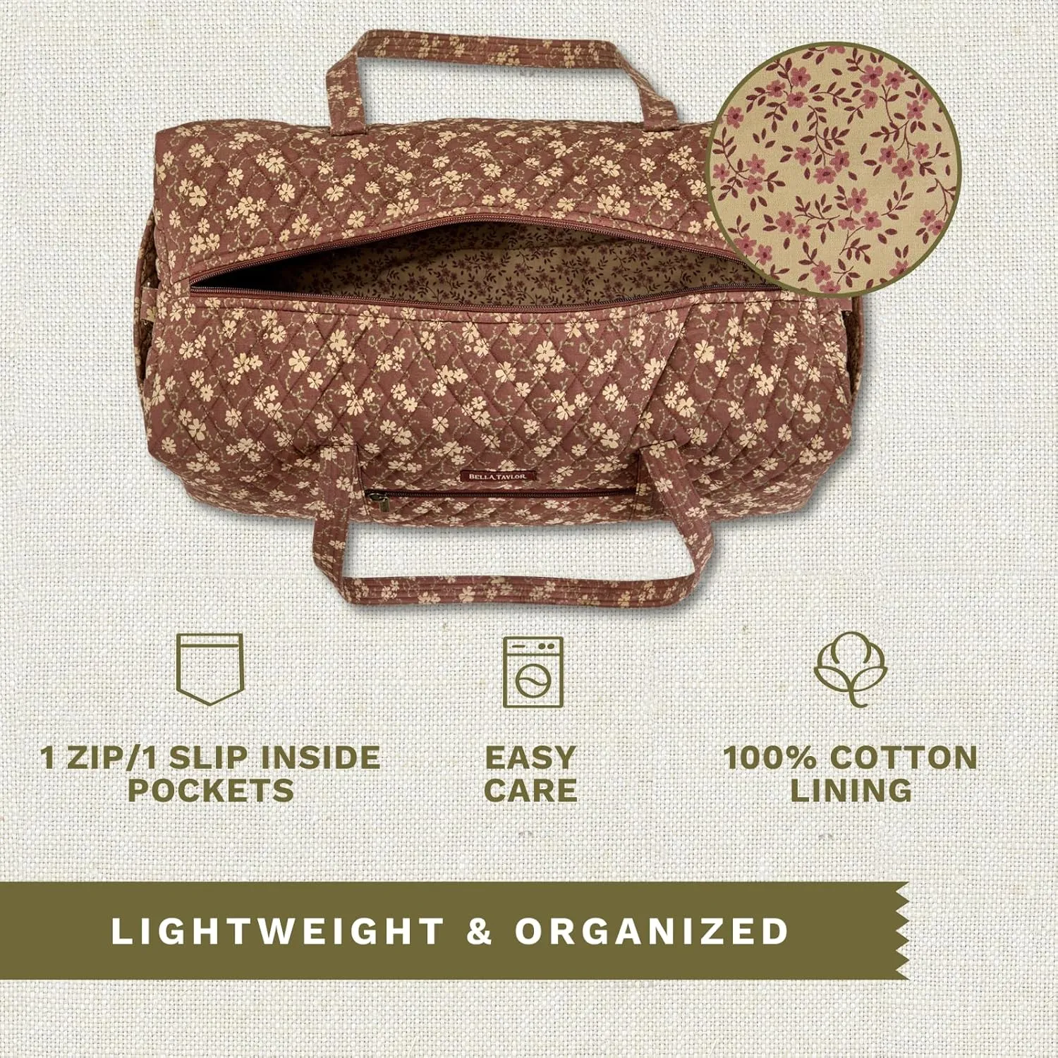Bella Taylor Quilted Cotton Duffel Bag |Large Carry On Travel and Weekender Bag For Women| Burgundy Floral
