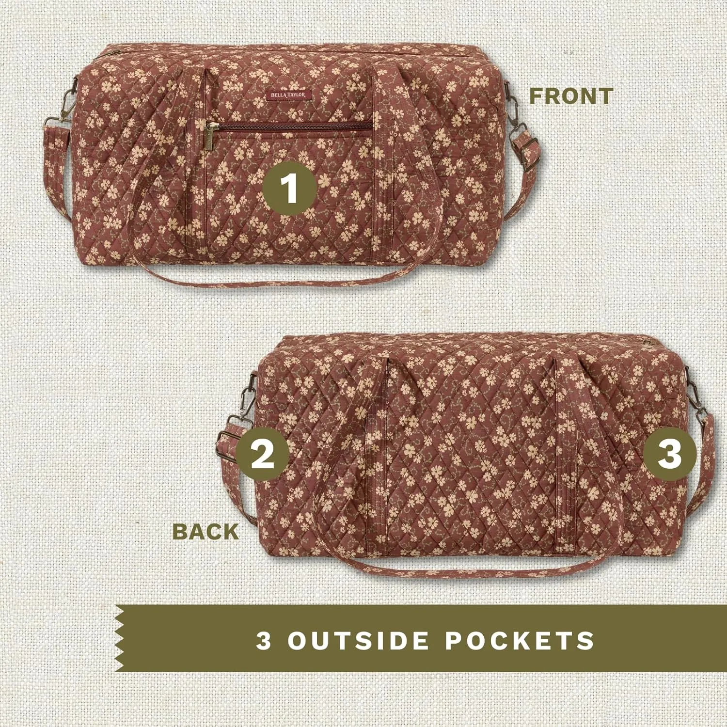 Bella Taylor Quilted Cotton Duffel Bag |Large Carry On Travel and Weekender Bag For Women| Burgundy Floral