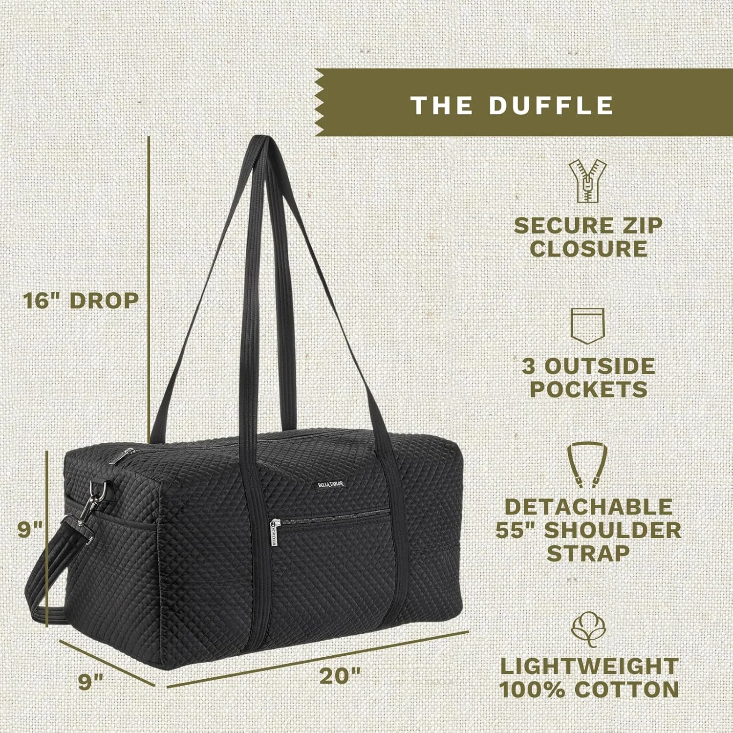 Bella Taylor Quilted Duffle Bag for Women, Large Carry On Travel Weekend Bag, Quilted Vintage Black Microfiber