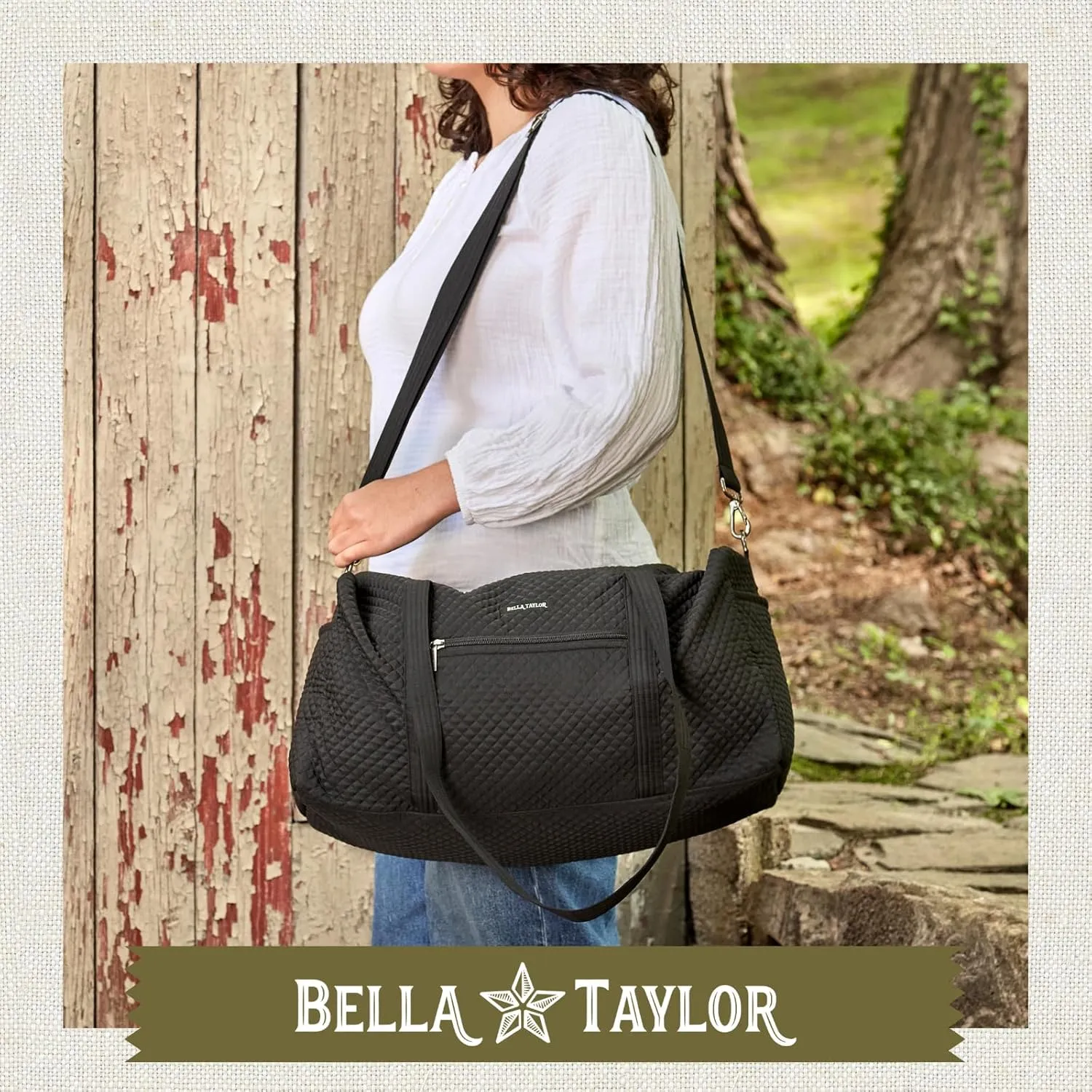 Bella Taylor Quilted Duffle Bag for Women, Large Carry On Travel Weekend Bag, Quilted Vintage Black Microfiber