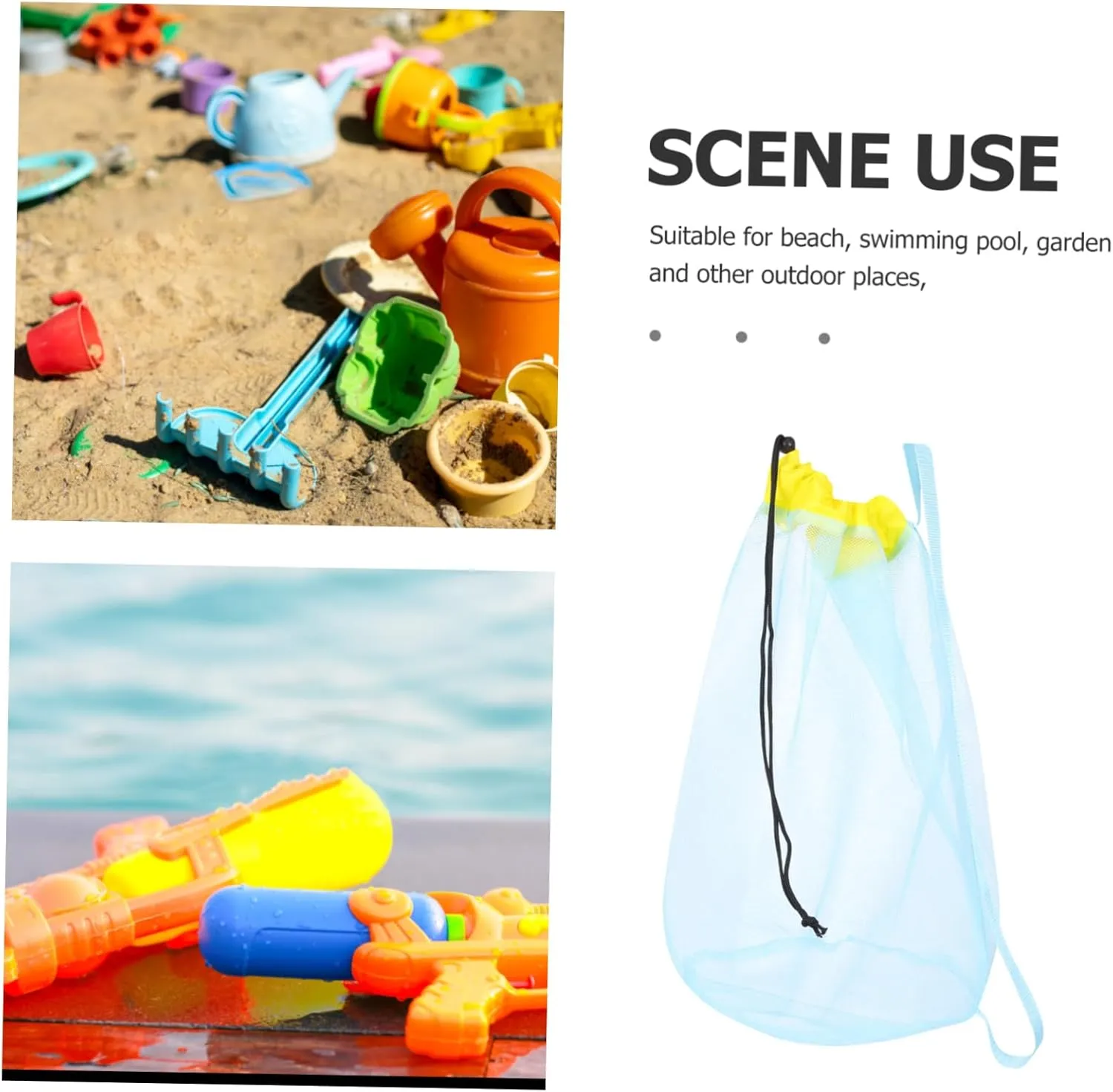 BESPORTBLE 2pcs Beach Storage Mesh Bag for Lightweight Drawstring Tote with Straps for Sand Digging Tools Shells and Swimwear Portable Beach Container