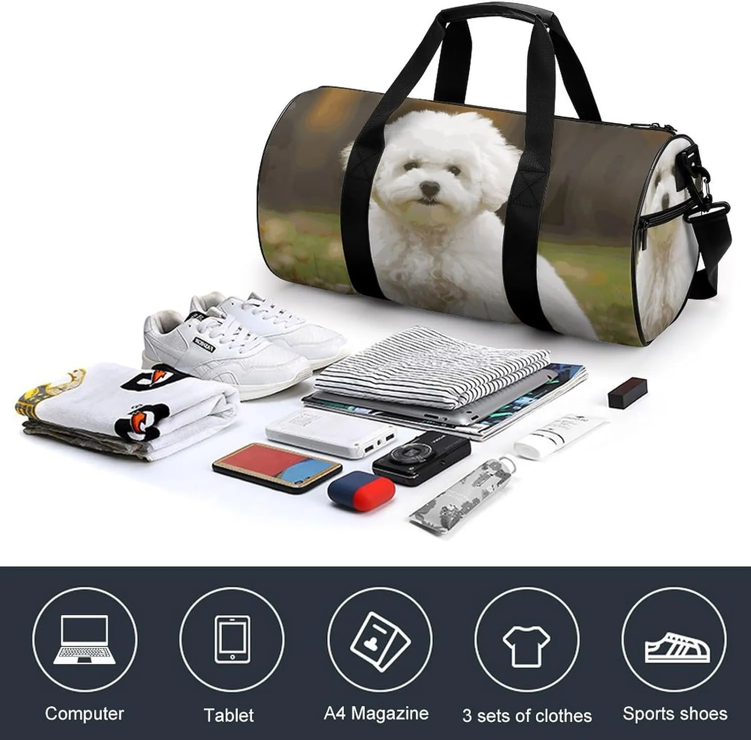 Bichon Frise Dog Gym Bag Small Travel Duffle Bag with Compartment Carry On Weekender Bag for Women Men