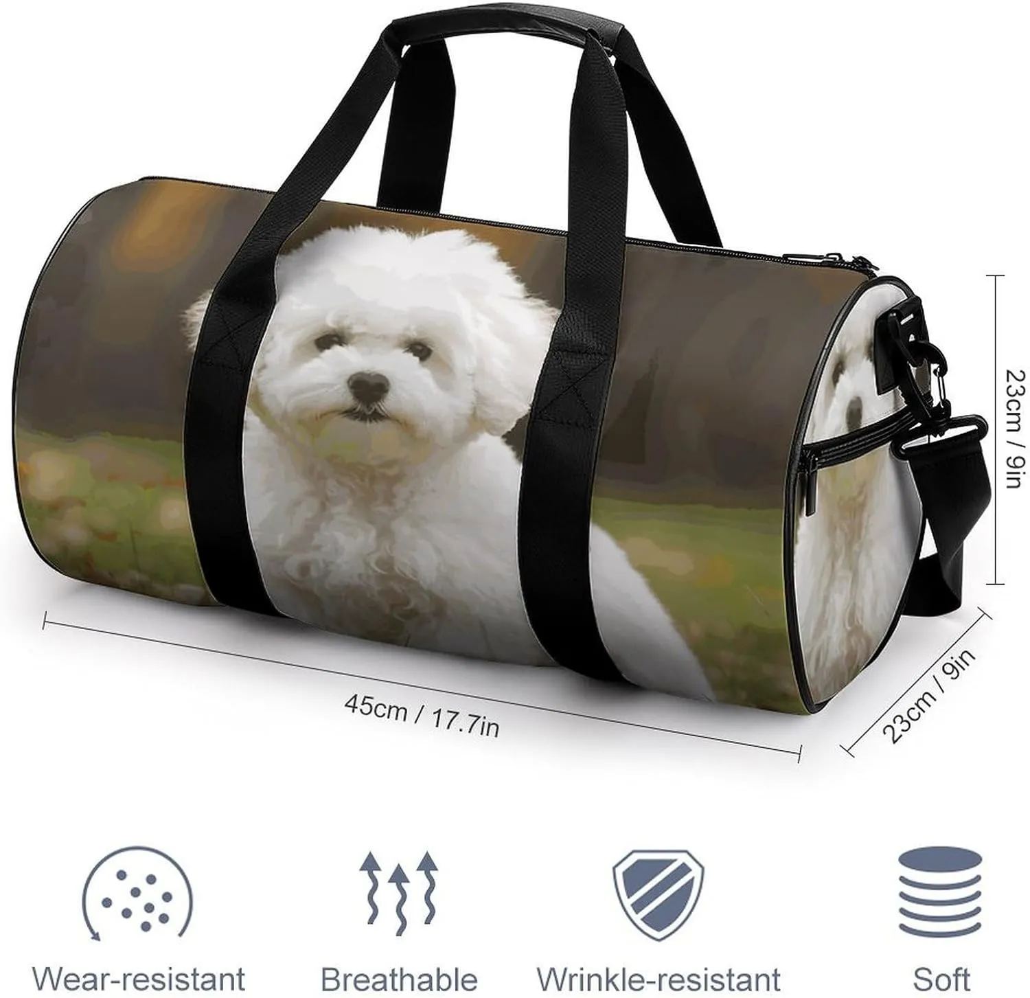 Bichon Frise Dog Gym Bag Small Travel Duffle Bag with Compartment Carry On Weekender Bag for Women Men