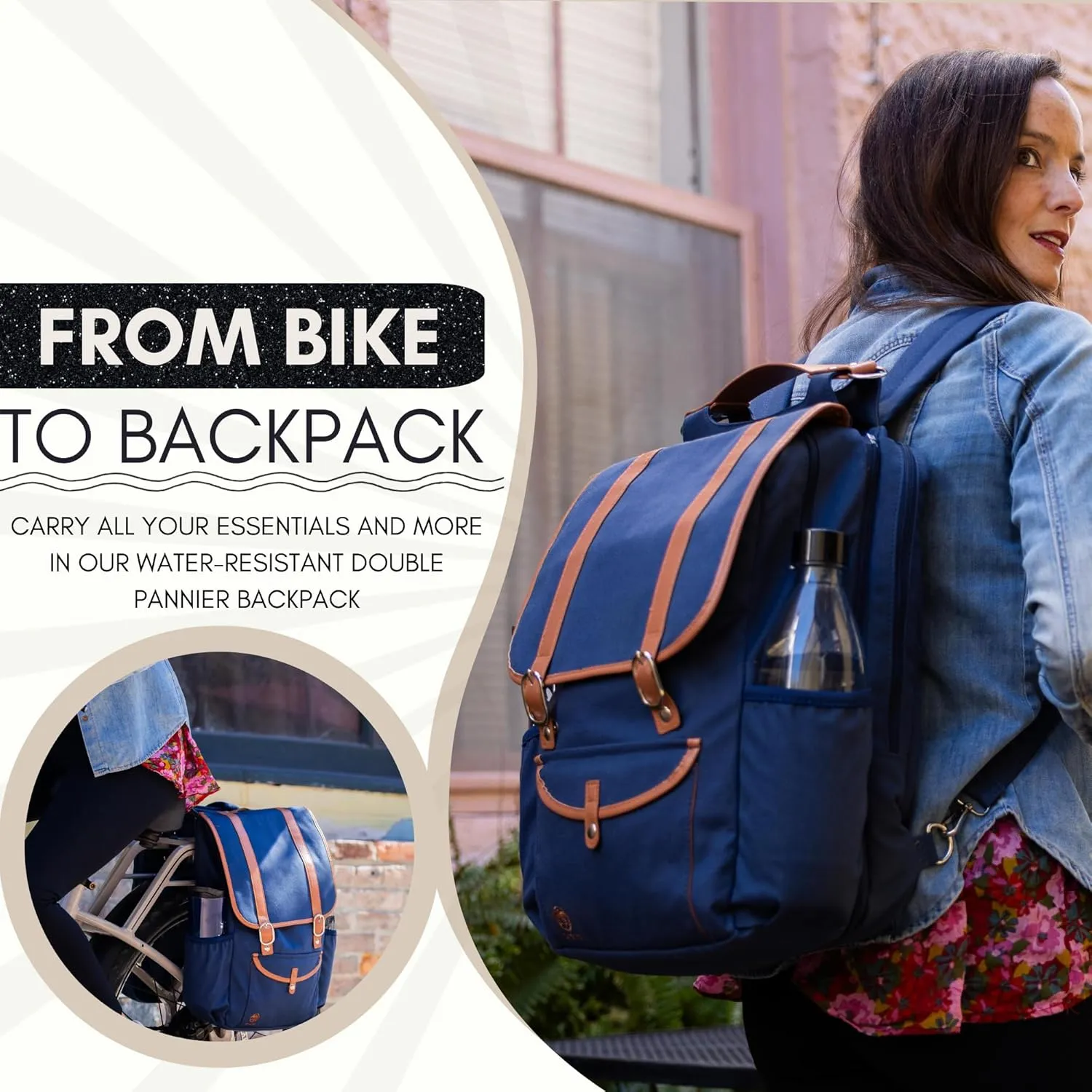 Bike Backpack Laptop (Blue) – Convertible Double Pannier for Bicycles, Water-Resistant Canvas Commuter Bag with Padded Laptop Pocket, 17.3L Rear Rack Bike Bag, Ideal Bicycle Gifts for Women & Men
