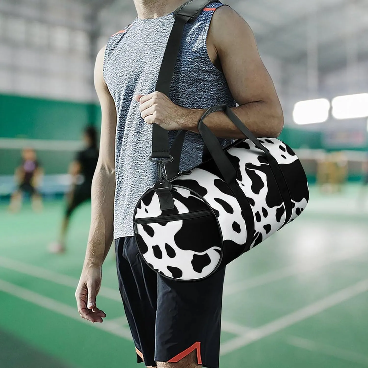 Black And White Cow Print Gym Bag Small Travel Duffle Bag with Compartment Carry On Weekender Bag for Women Men