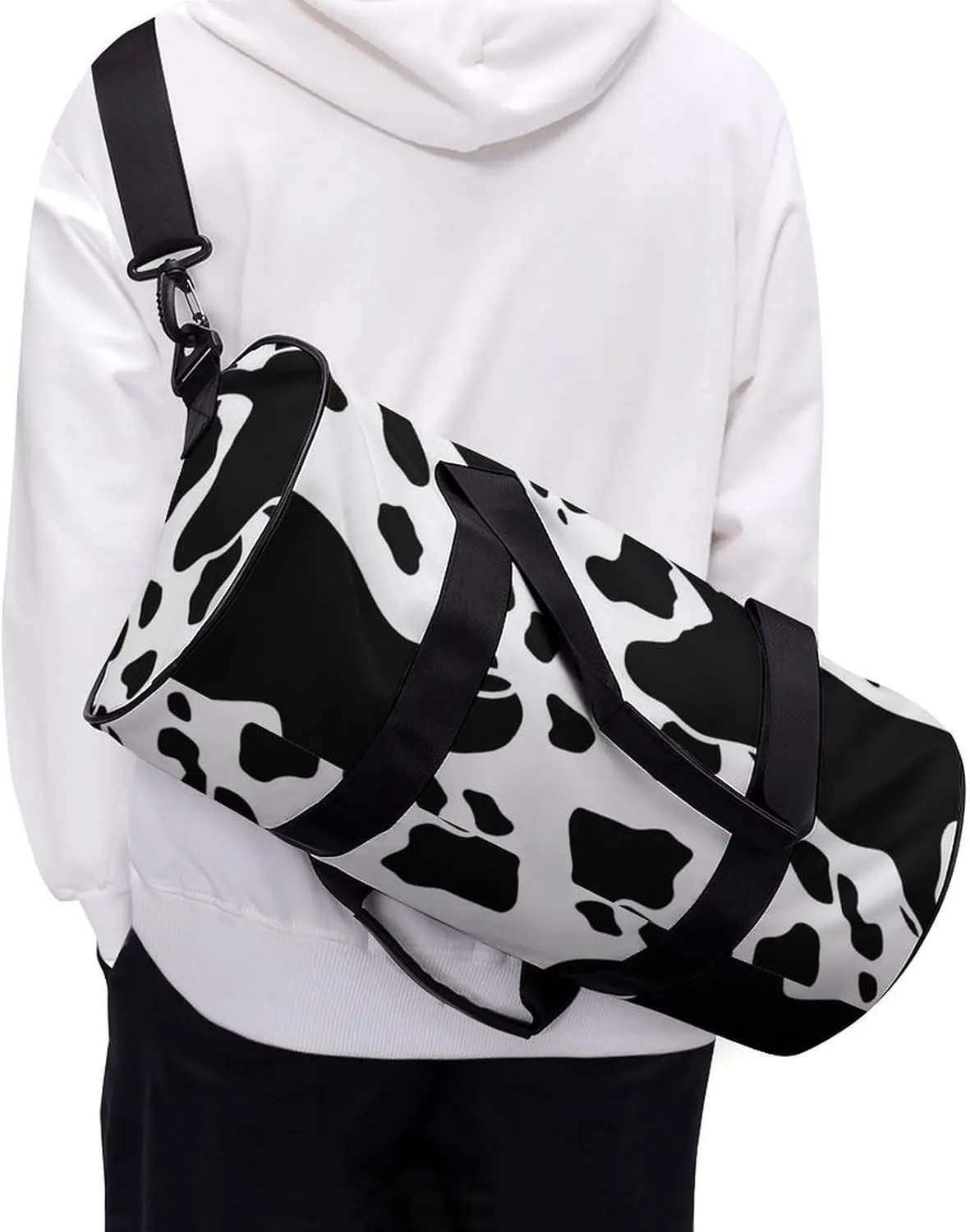 Black And White Cow Print Gym Bag Small Travel Duffle Bag with Compartment Carry On Weekender Bag for Women Men