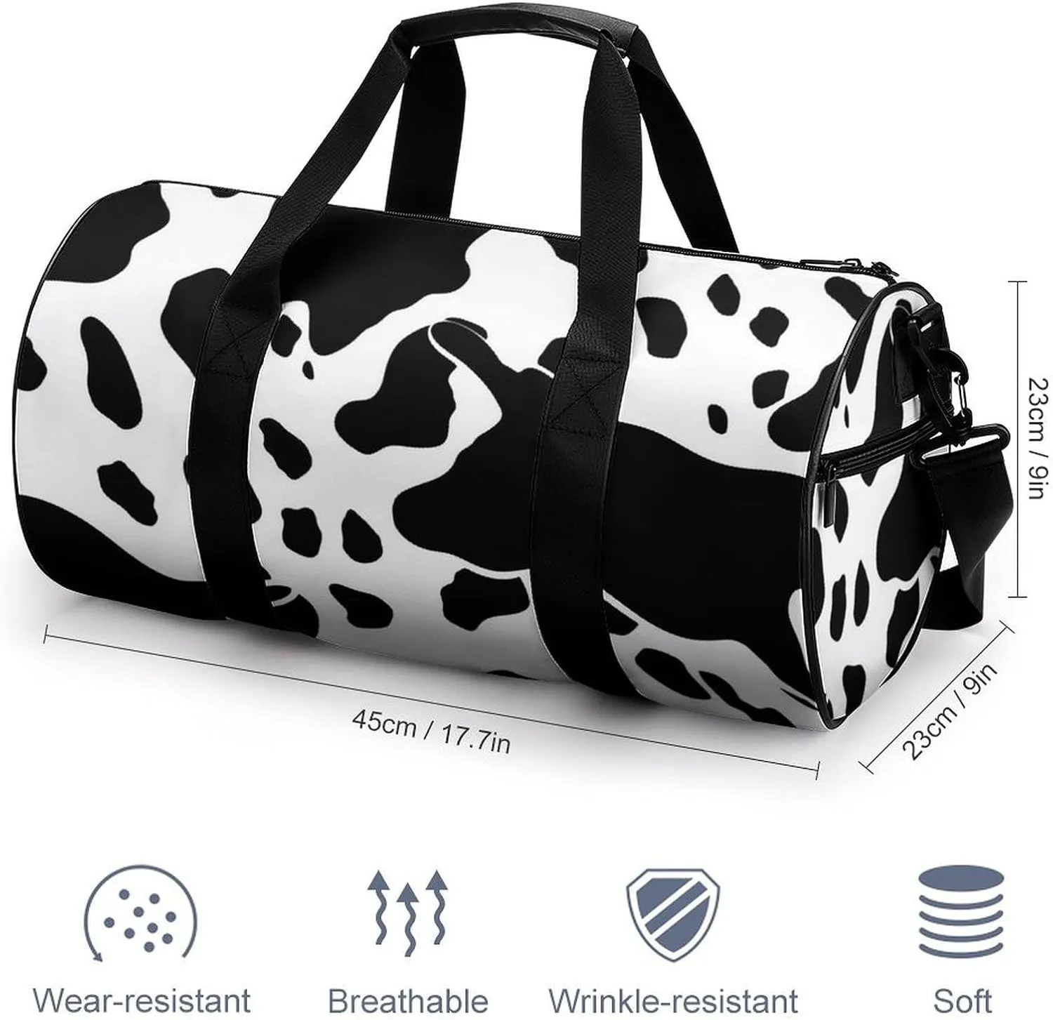 Black And White Cow Print Gym Bag Small Travel Duffle Bag with Compartment Carry On Weekender Bag for Women Men