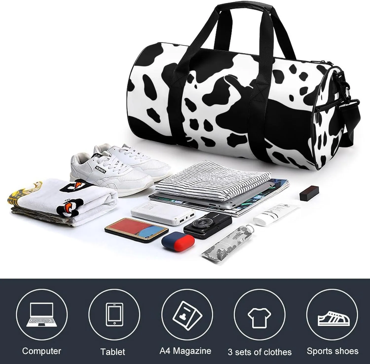 Black And White Cow Print Gym Bag Small Travel Duffle Bag with Compartment Carry On Weekender Bag for Women Men
