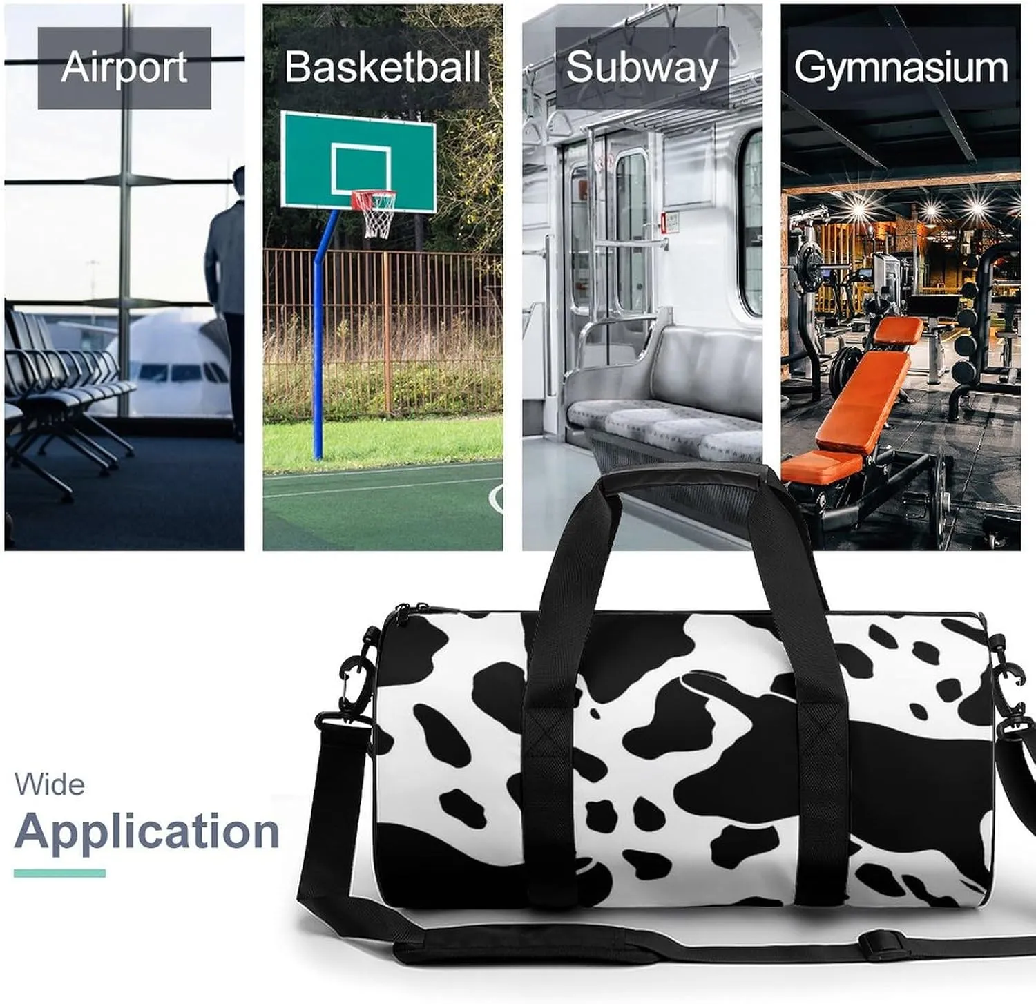 Black And White Cow Print Gym Bag Small Travel Duffle Bag with Compartment Carry On Weekender Bag for Women Men