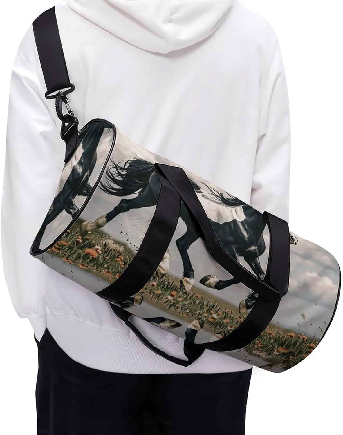 Black And White Horses Running Gym Bag Small Travel Duffle Bag with Compartment Carry On Weekender Bag for Women Men