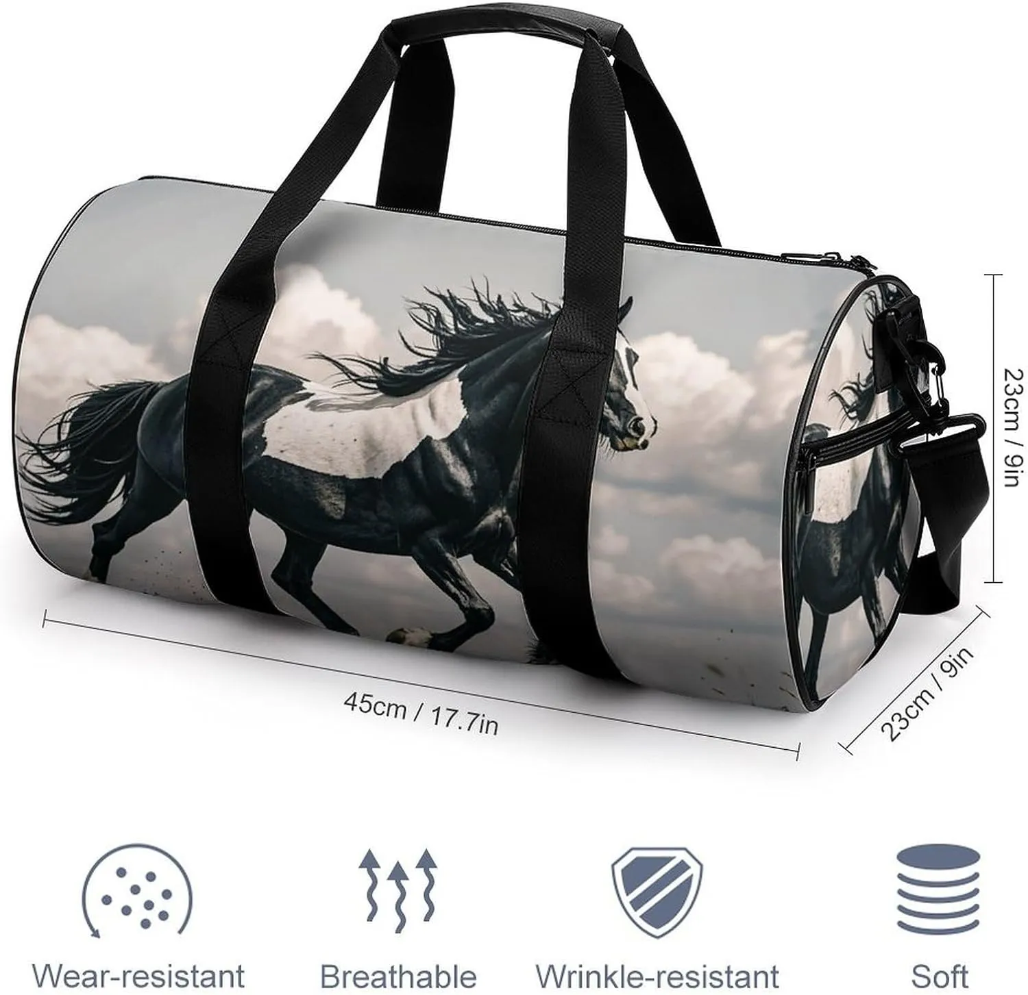 Black And White Horses Running Gym Bag Small Travel Duffle Bag with Compartment Carry On Weekender Bag for Women Men
