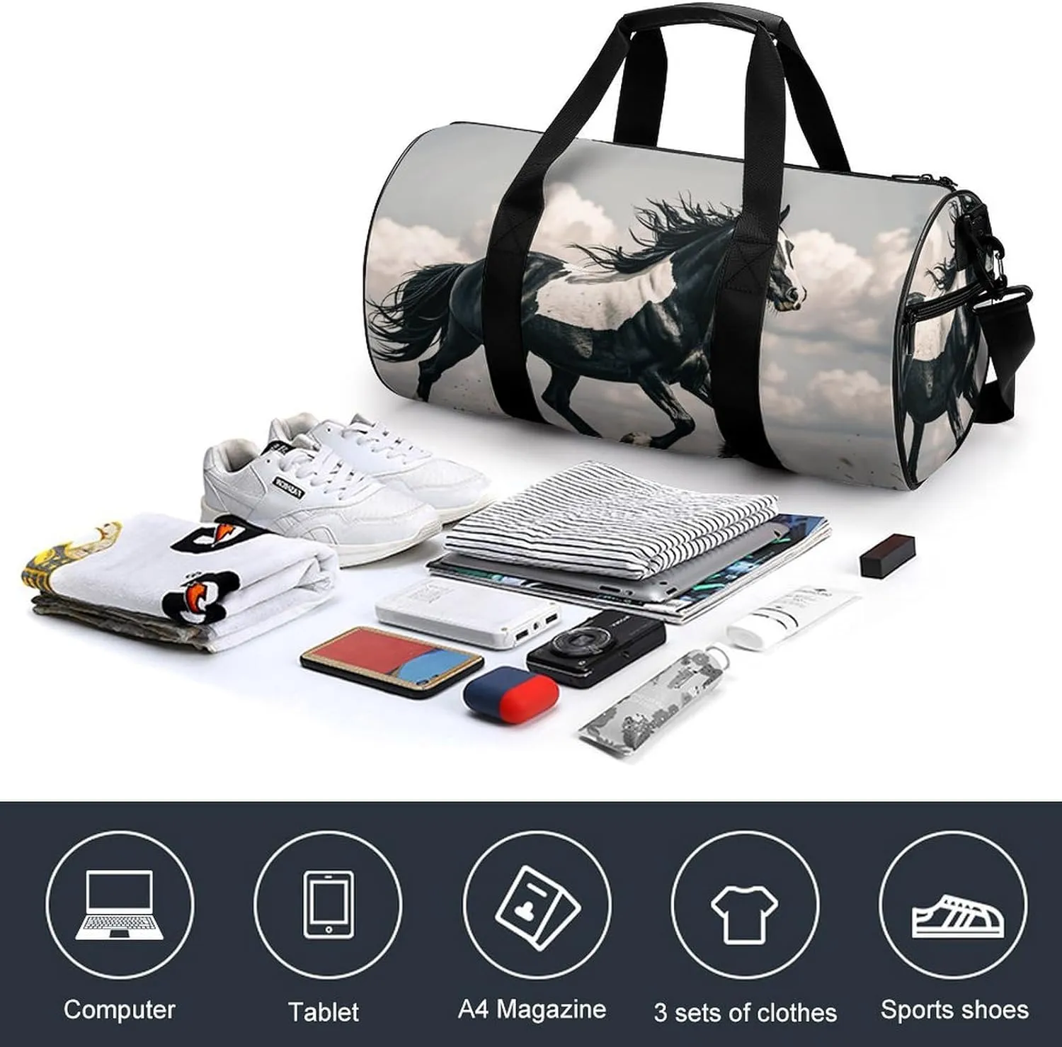Black And White Horses Running Gym Bag Small Travel Duffle Bag with Compartment Carry On Weekender Bag for Women Men