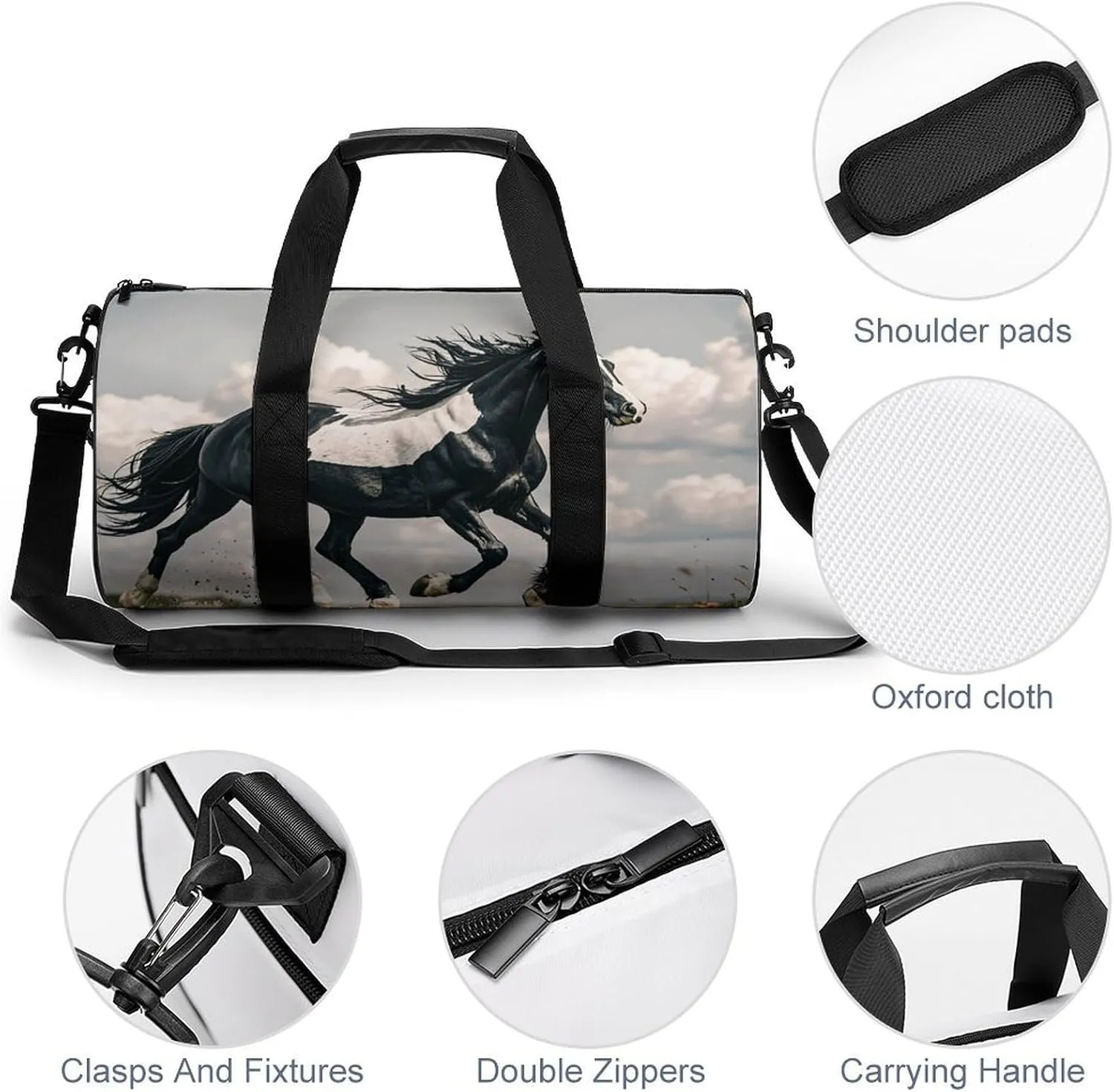 Black And White Horses Running Gym Bag Small Travel Duffle Bag with Compartment Carry On Weekender Bag for Women Men